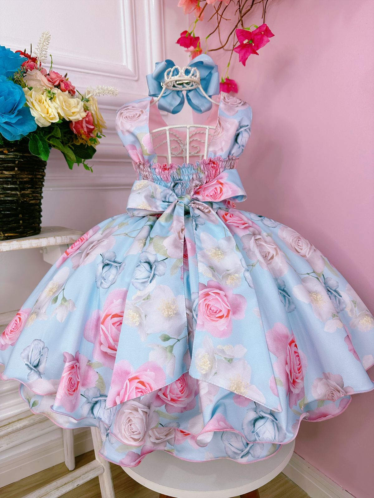 Vestido Infantil Rosa Busto Nervura Florido e Pérolas Damas