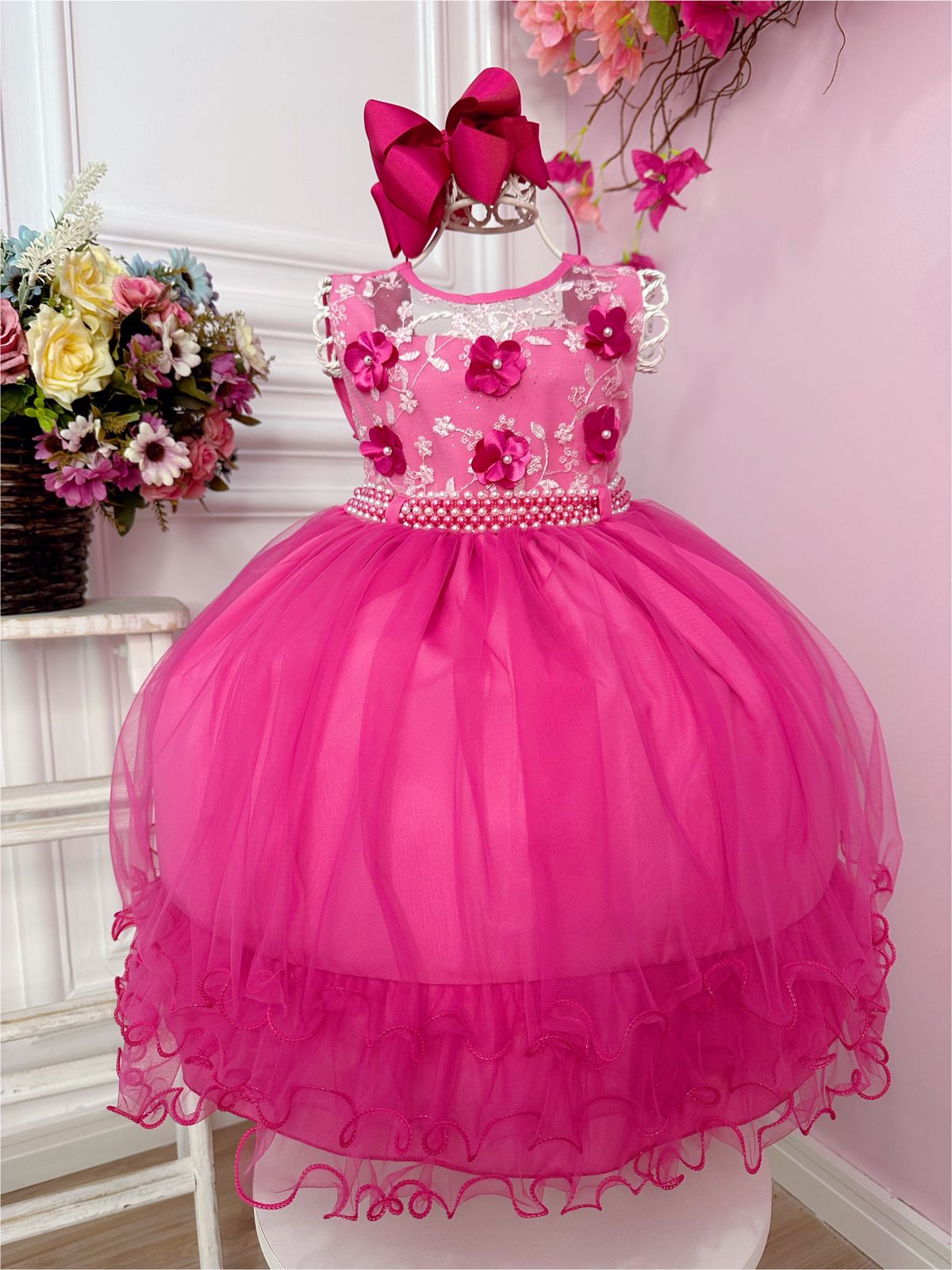Vestido Infantil Pink C/ Aplique de Flores e Renda Luxo