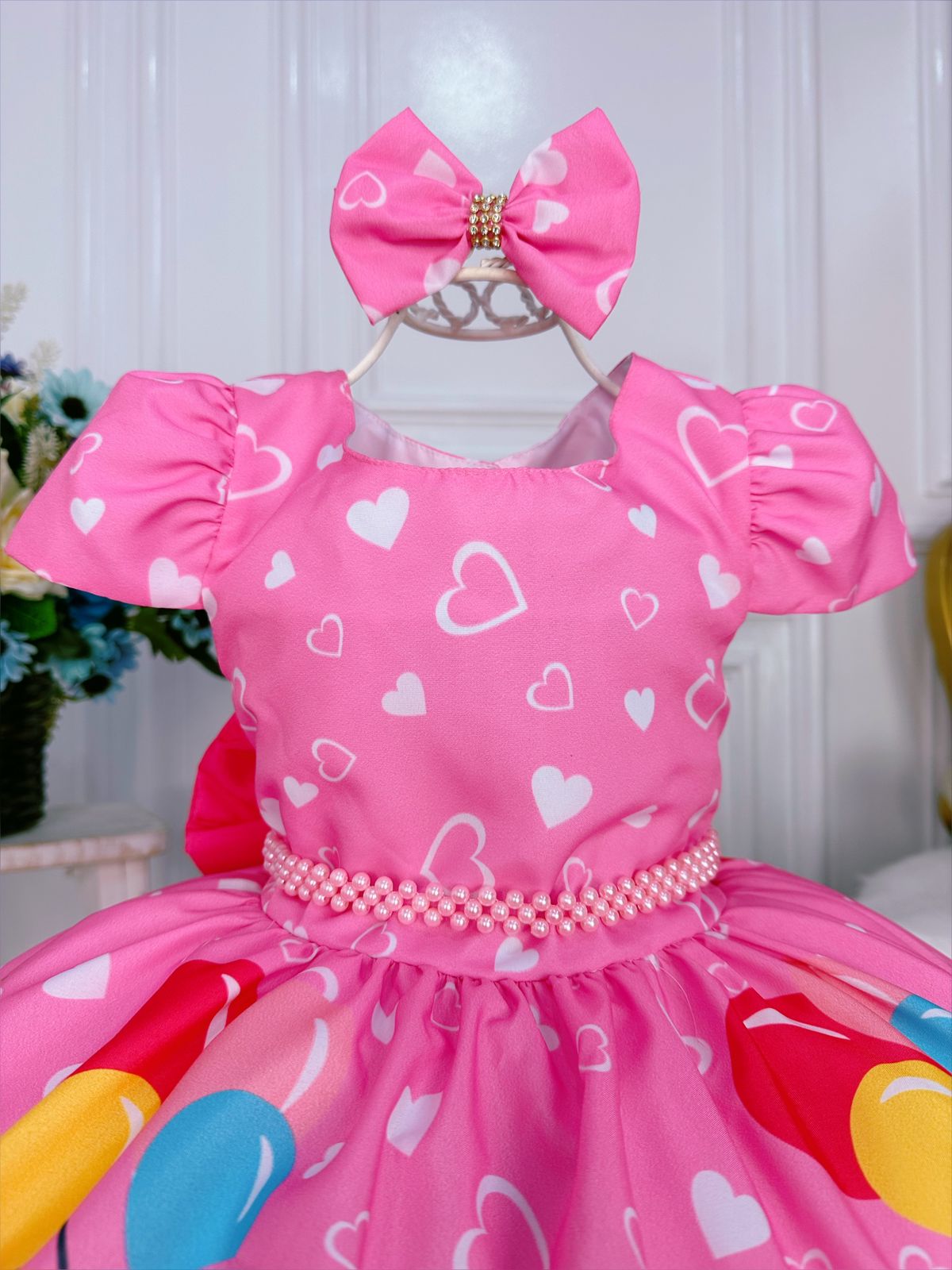 Vestido Infantil Família Peppa Brincando Rosa C/ Laço