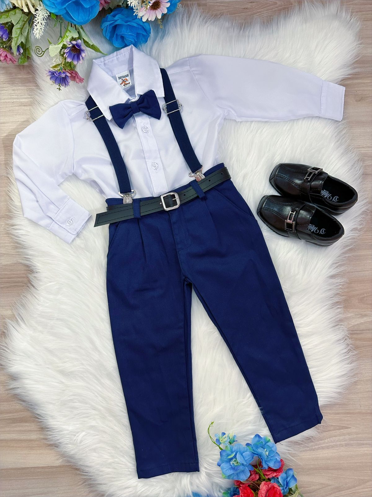 Conjunto Social Pajem Camisa Calça Gravata e Susp. Azul Marinho