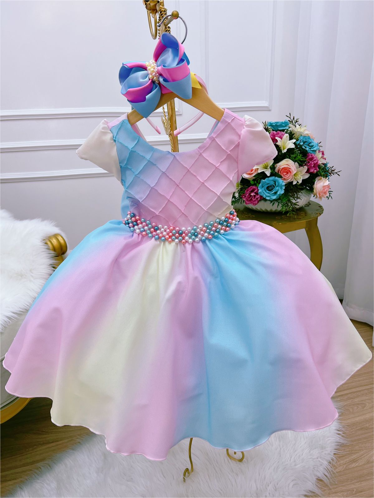 Vestido Infantil Chuva de Amor Colorido Circo Cinto Pérolas