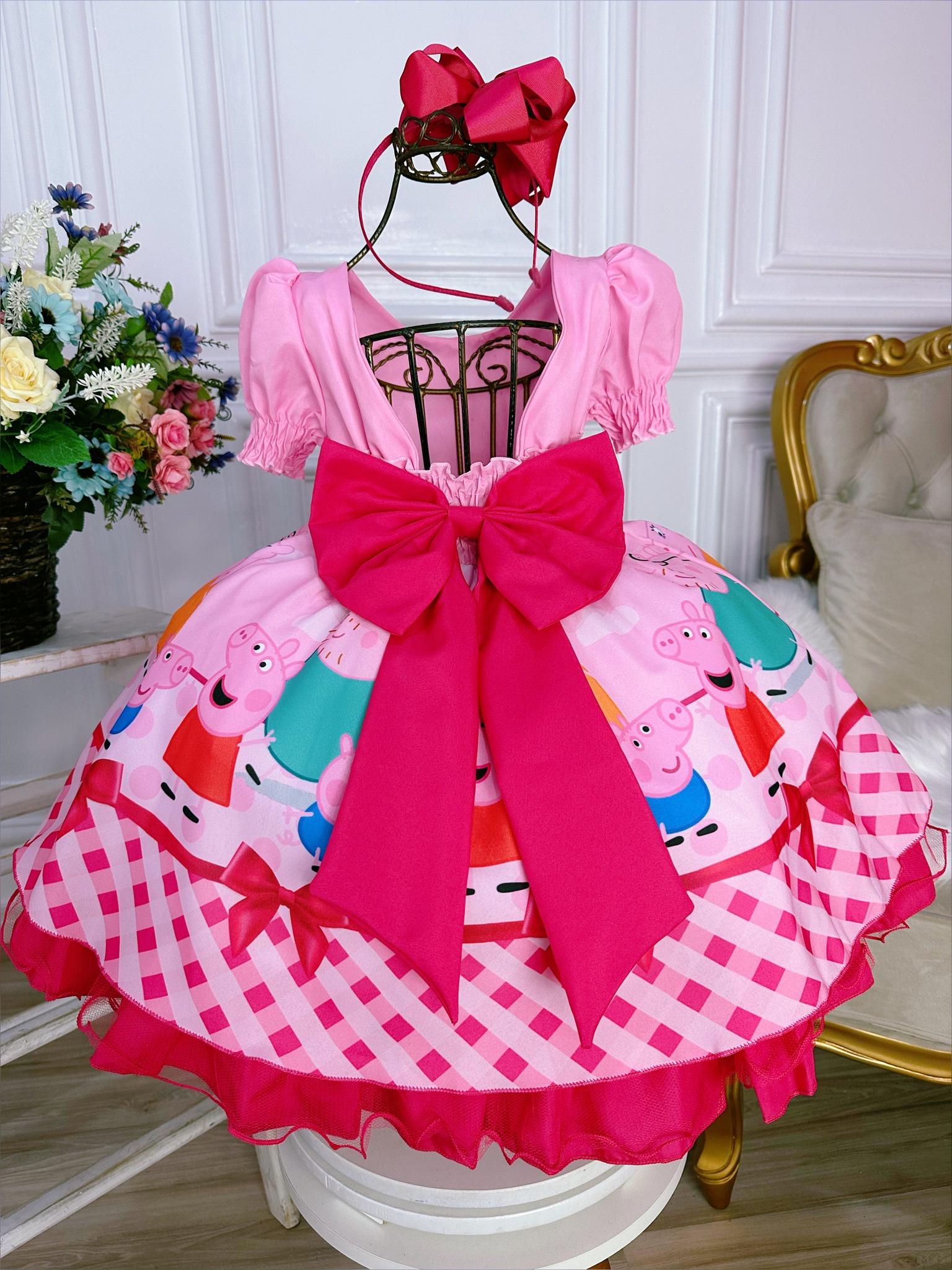 Vestido Infantil Família Peppa Rosa Chiclete Peito Strass