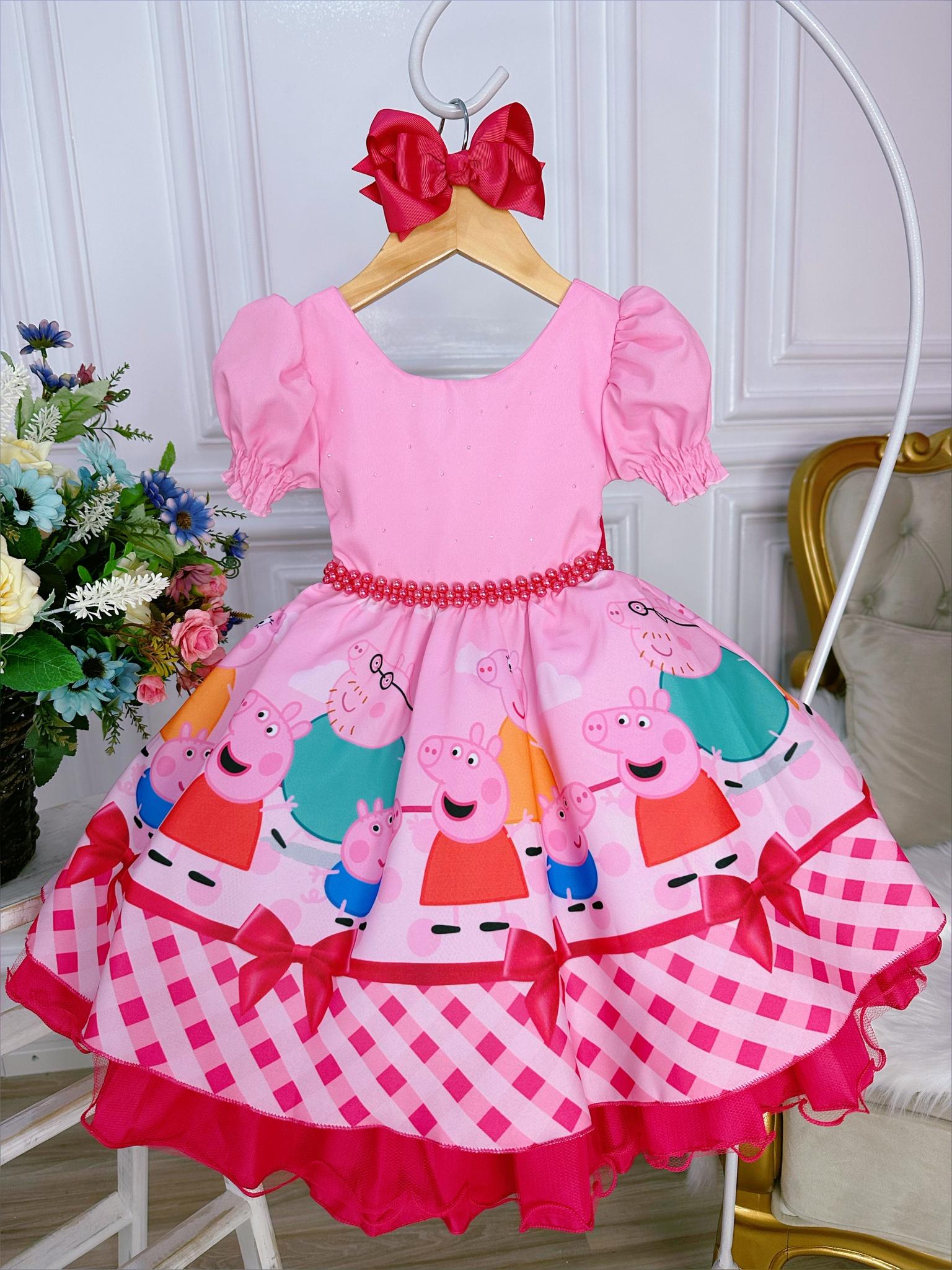 Vestido Infantil Família Peppa Rosa Chiclete Peito Strass