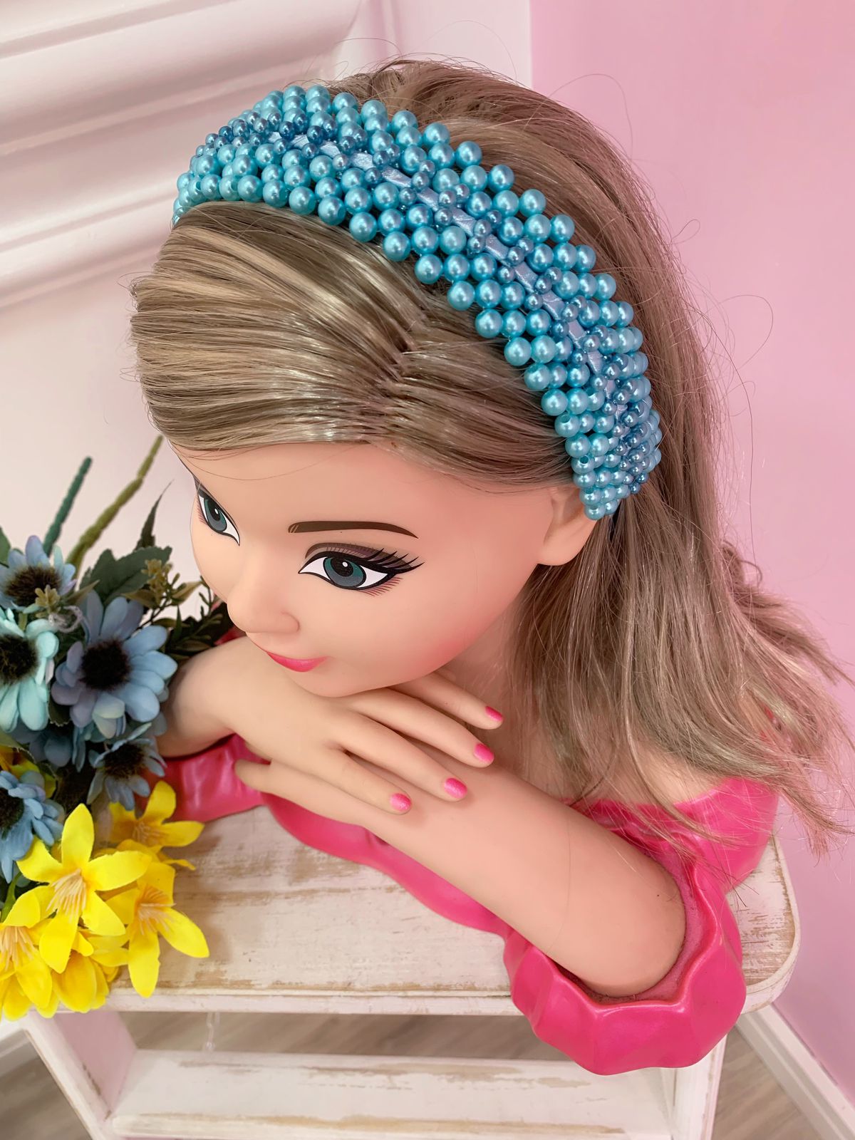 Tiara Infantil de Pérolas Azul Tiffany Larga Luxo