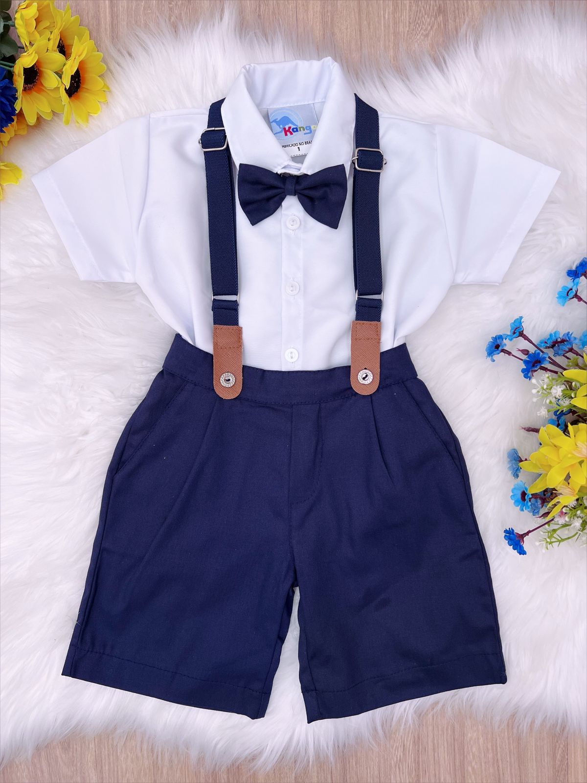 Conjunto Social Camisa Branco Gravata Short Suspensório Azul