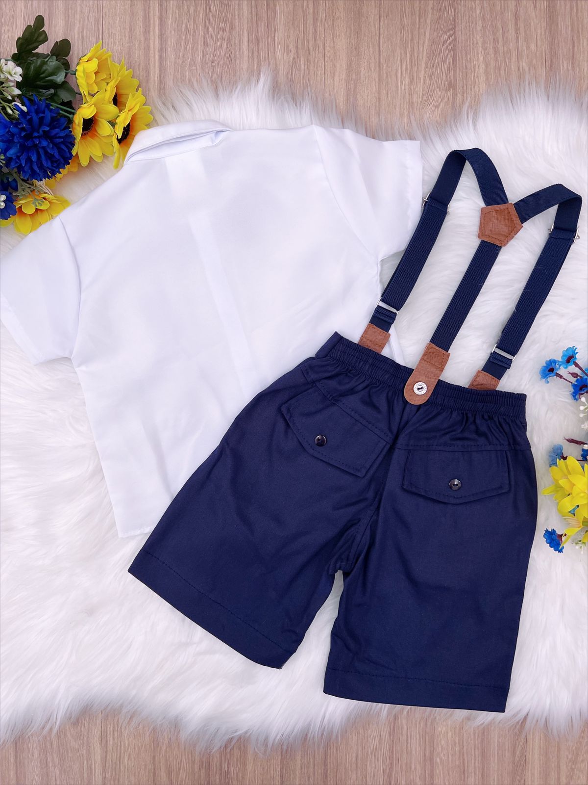 Conjunto Social Camisa Branco Gravata Short Suspensório Azul