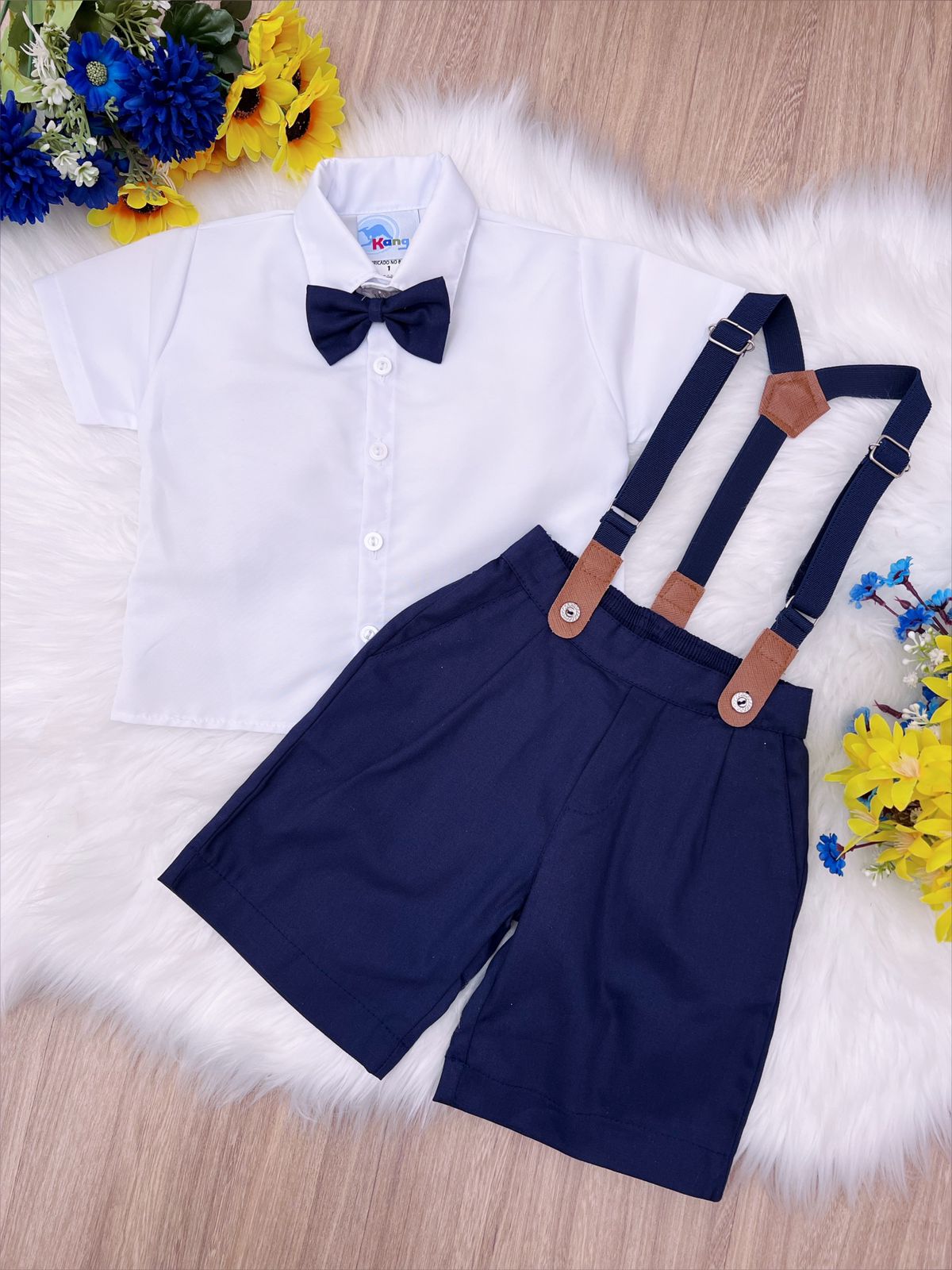 Conjunto Social Camisa Branco Gravata Short Suspensório Azul