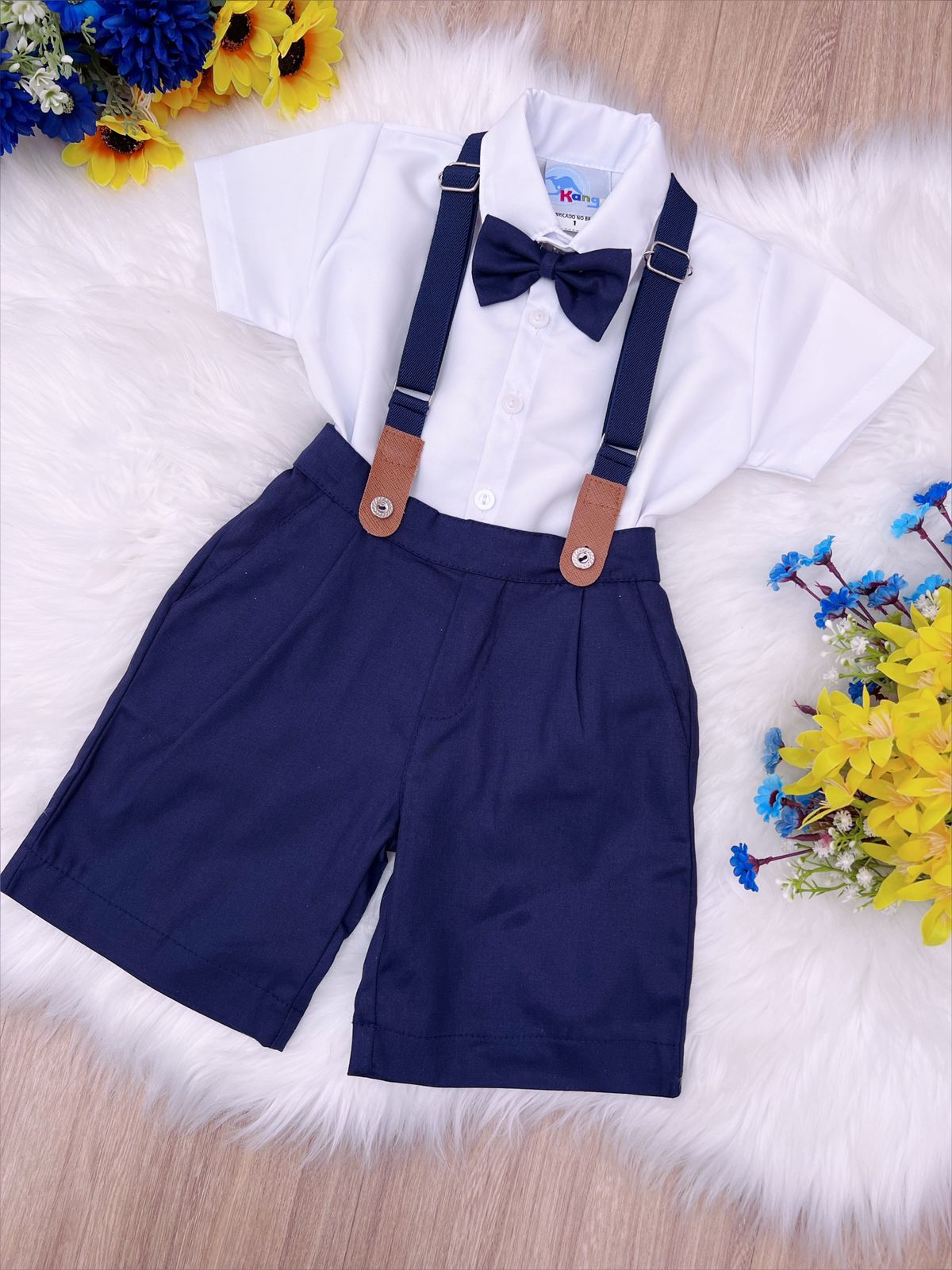 Conjunto Social Camisa Branco Gravata Short Suspensório Azul