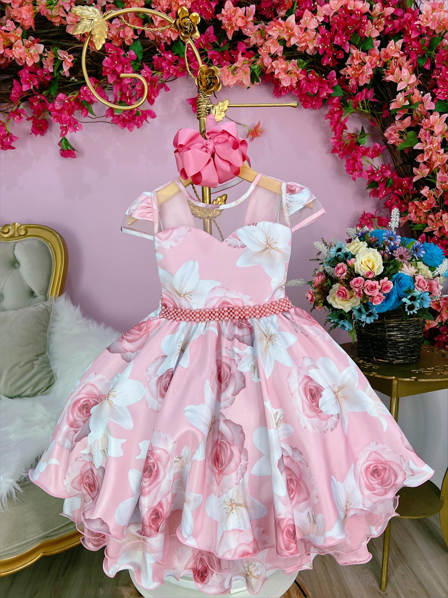 Vestido Infantil Rosa Florido C/ Cinto de Pérolas Luxo