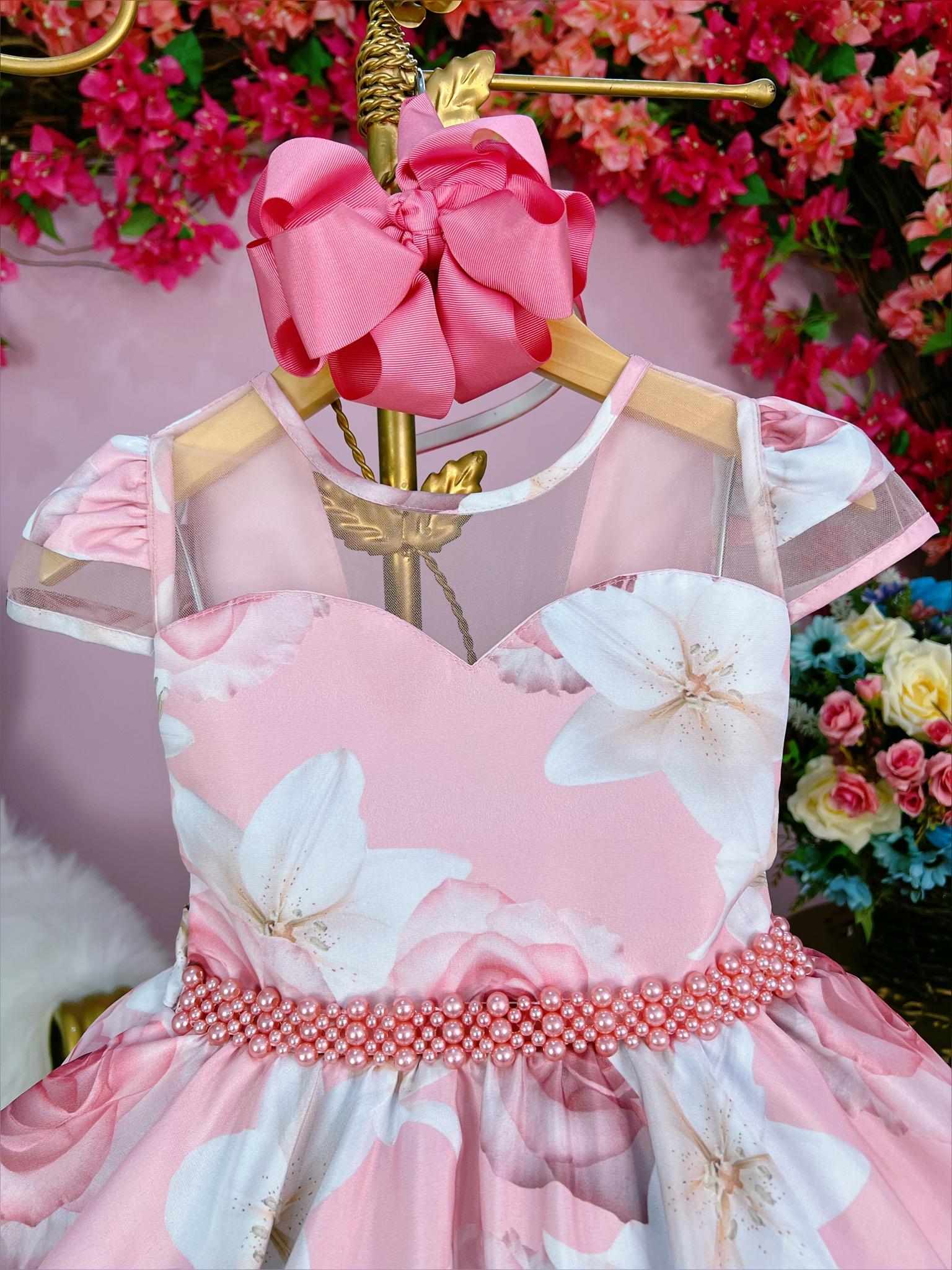 Vestido Infantil Rosa Florido C/ Cinto de Pérolas Luxo