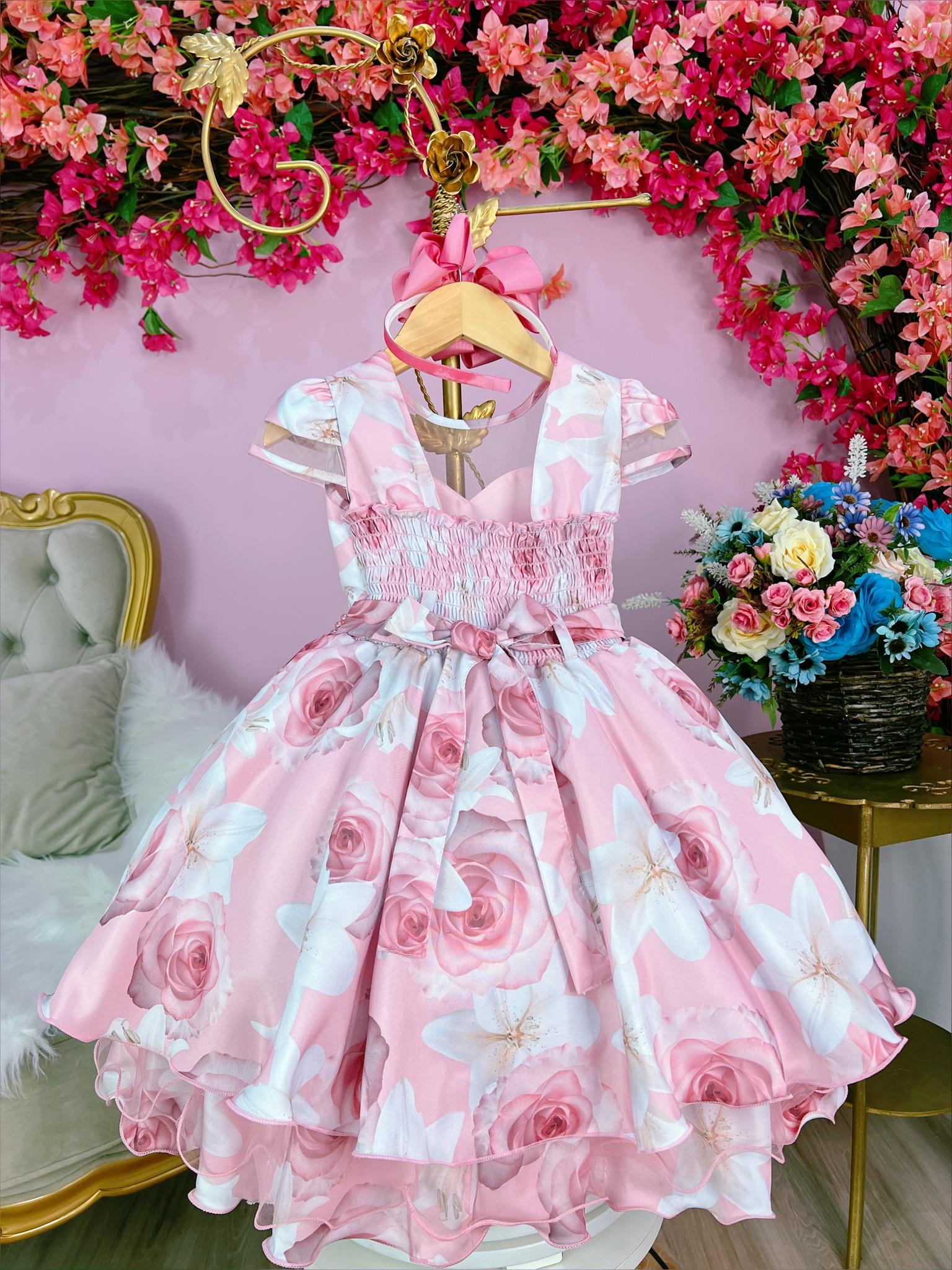 Vestido Infantil Rosa Florido C/ Cinto de Pérolas Luxo