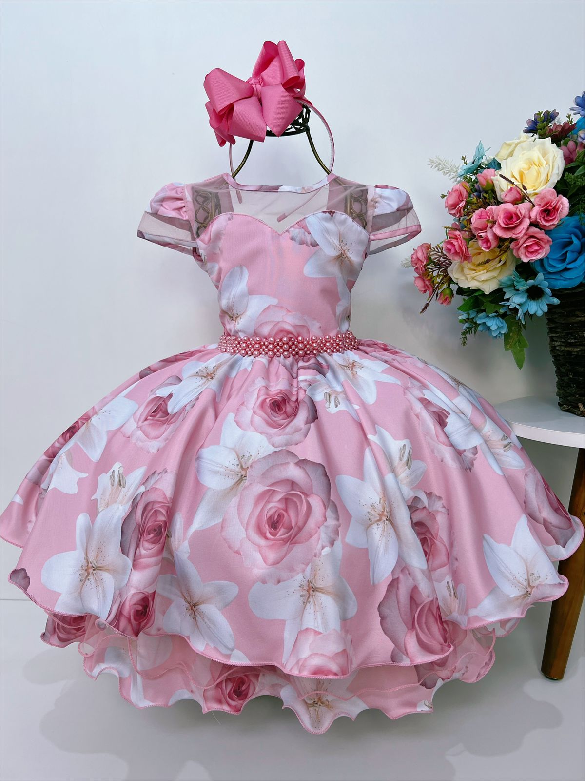 Vestido Infantil Rosa Florido C/ Cinto de Pérolas Luxo