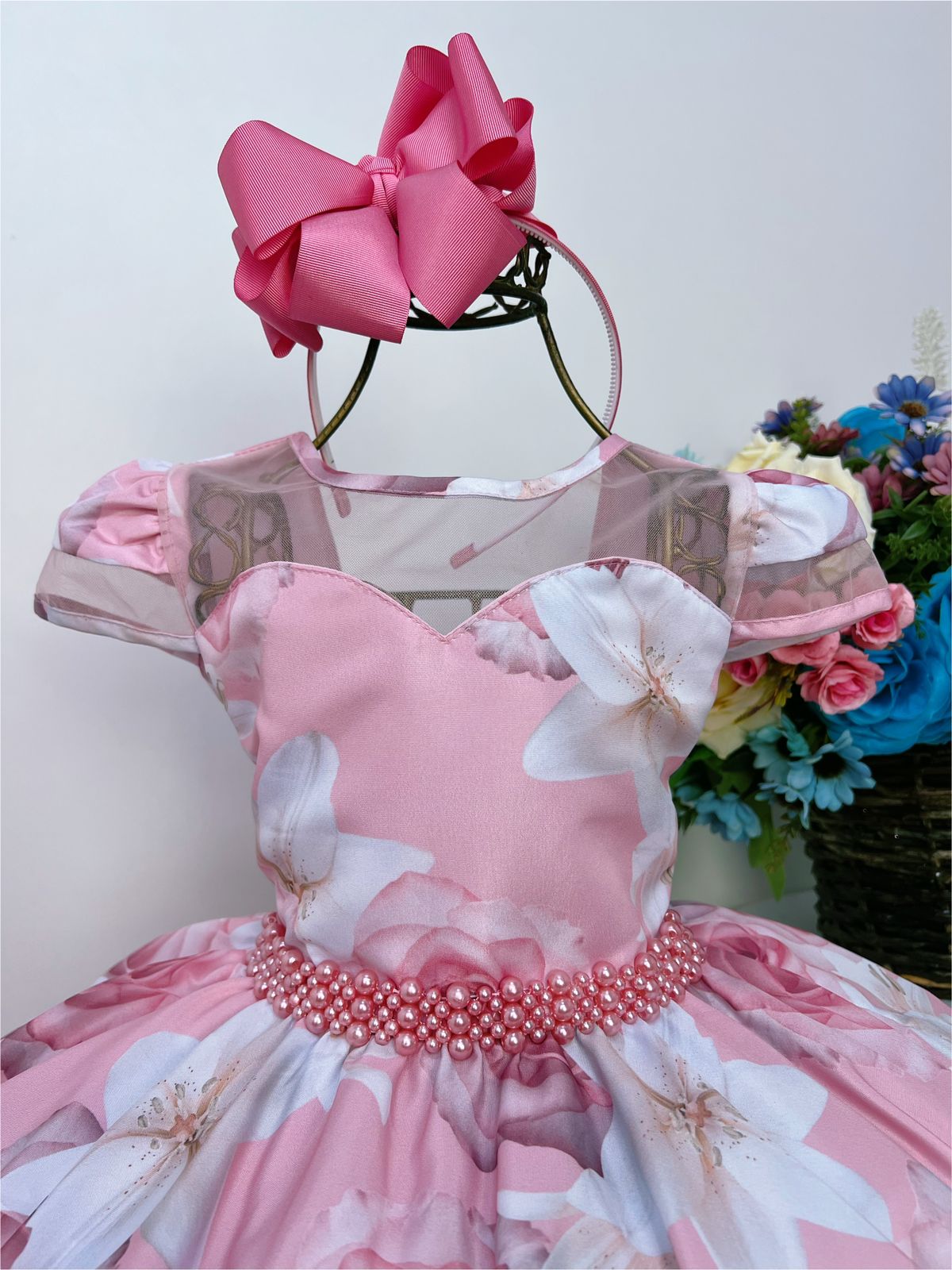 Vestido Infantil Rosa Florido C/ Cinto de Pérolas Luxo