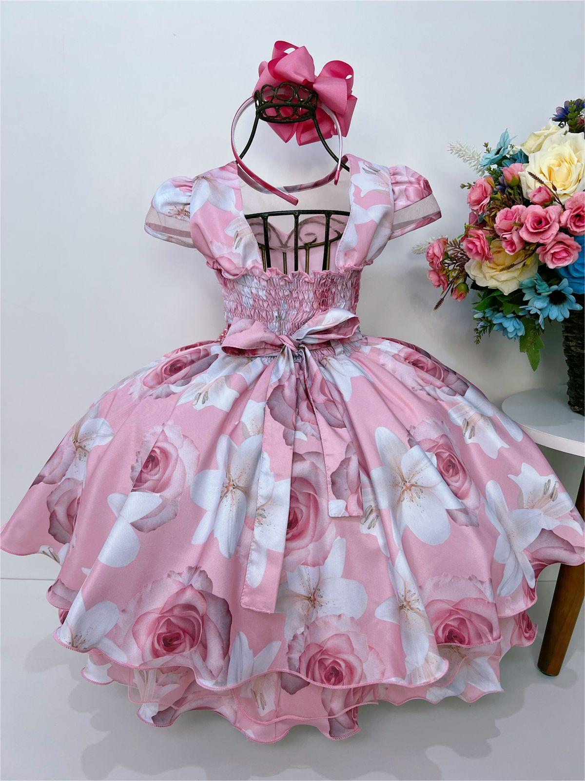 Vestido Infantil Rosa Florido C/ Cinto de Pérolas Luxo
