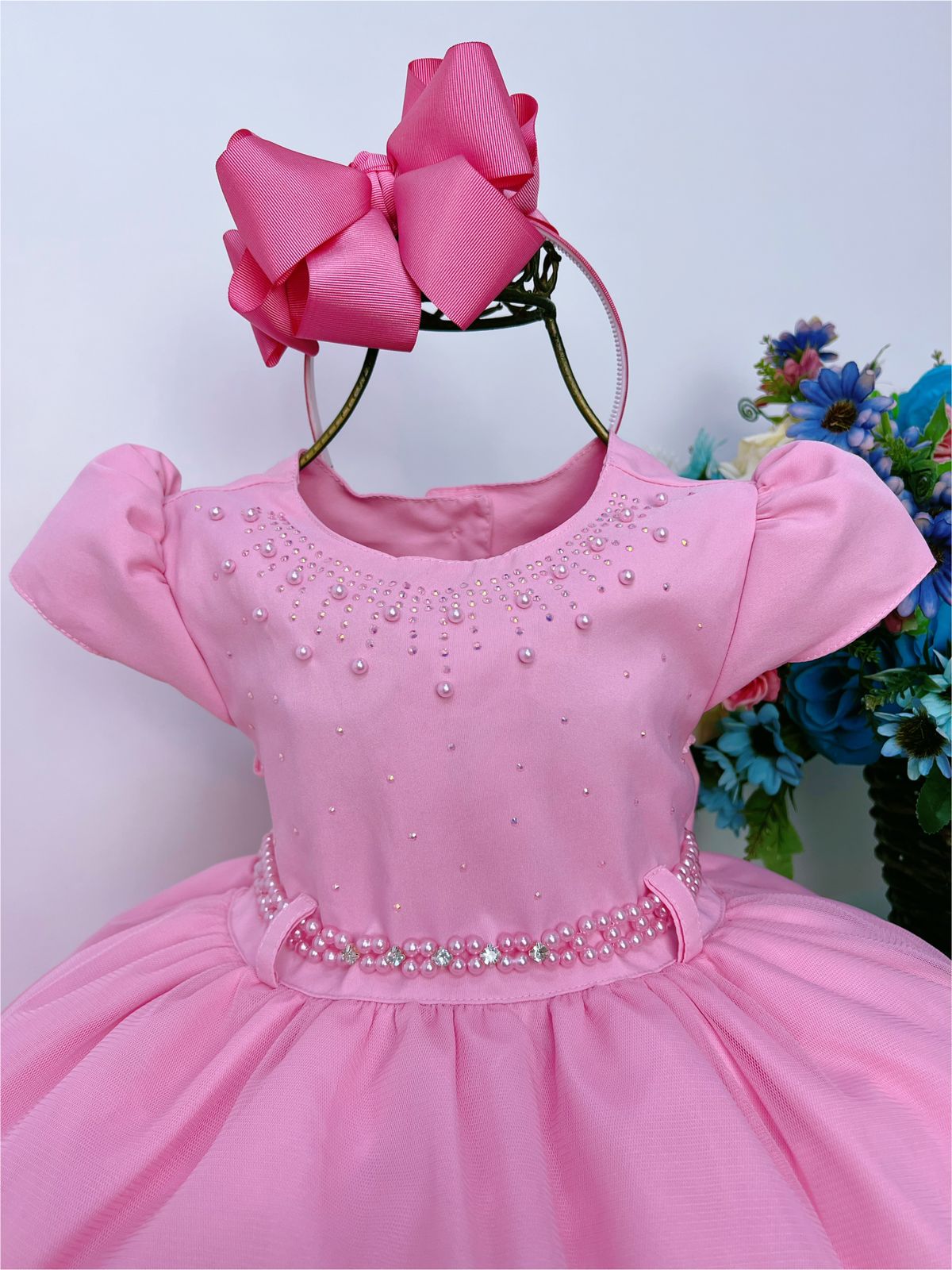 Vestido Infantil Rosa Chiclete Busto Com Strass e Pérolas