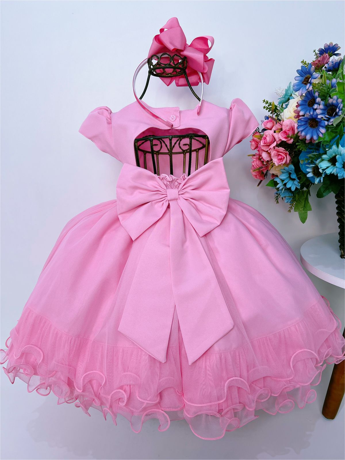 Vestido Infantil Rosa Chiclete Busto Com Strass e Pérolas