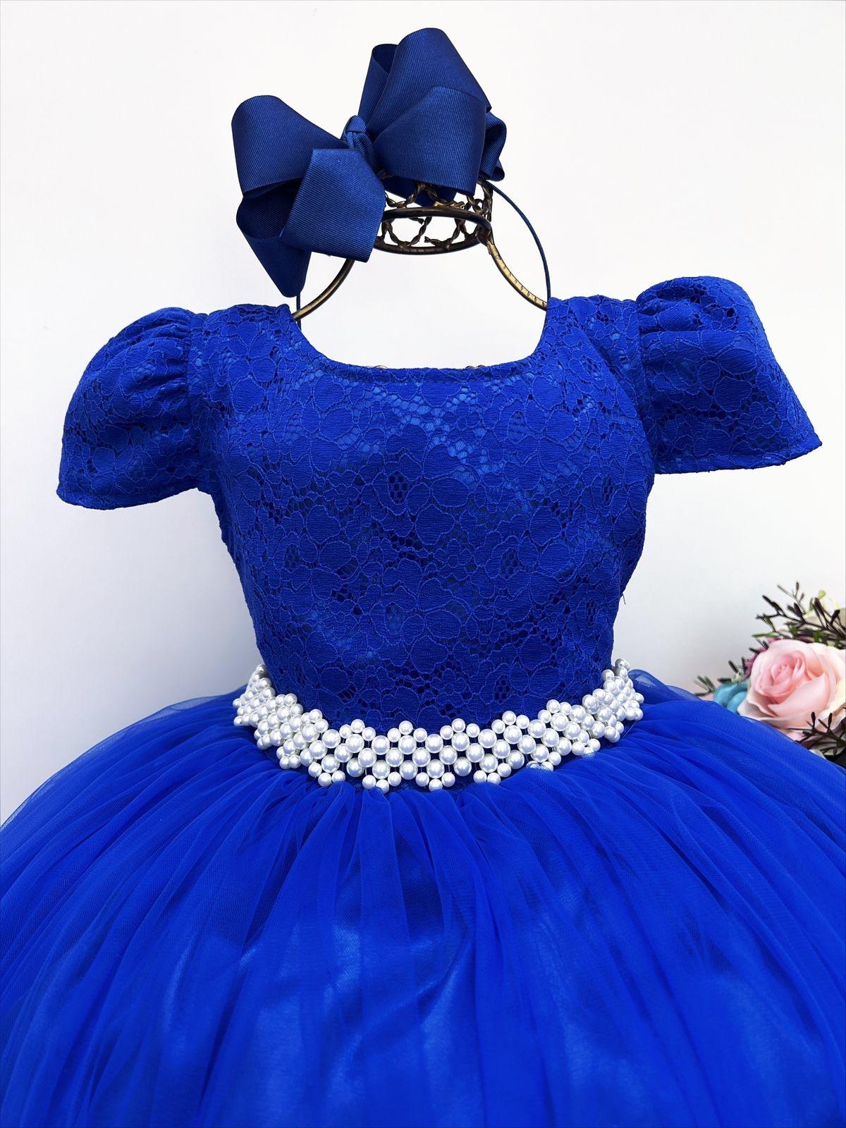 Vestido Infantil Realeza Azul Royal Renda Pérolas Festa Luxo