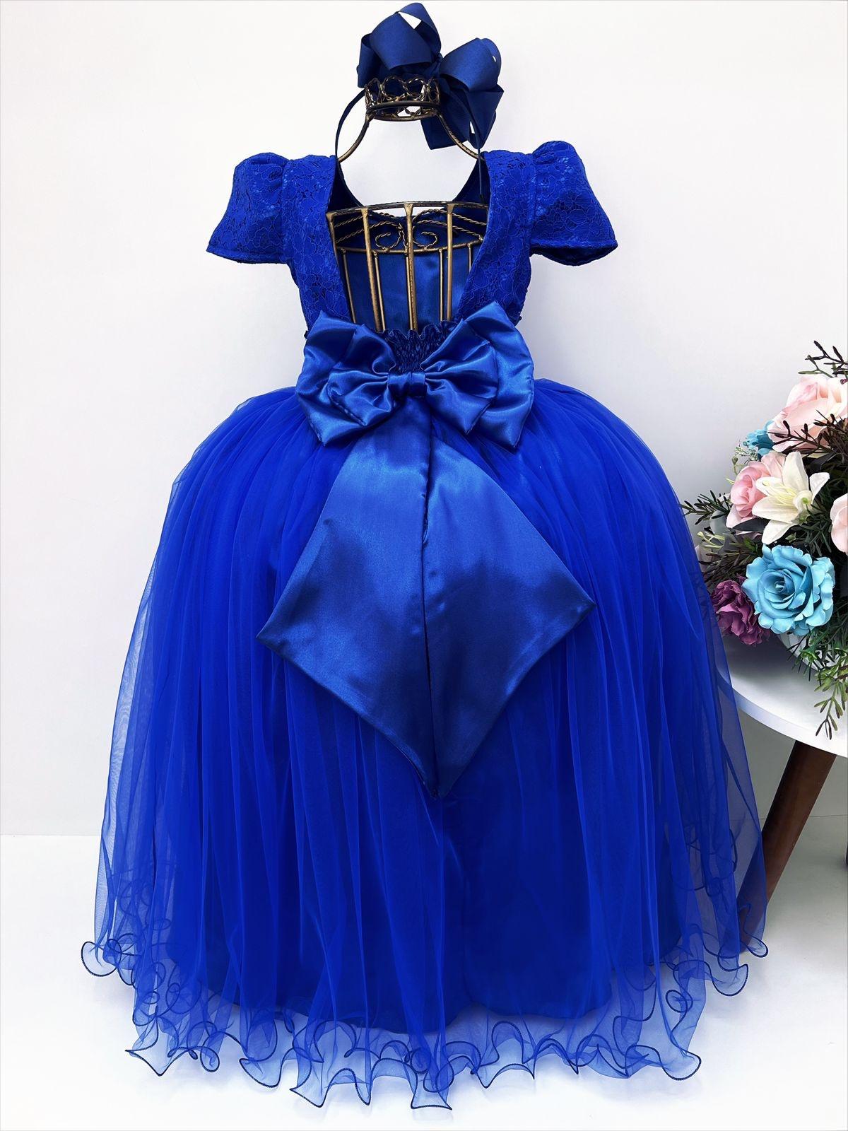 Vestido Infantil Realeza Azul Royal Renda Pérolas Festa Luxo