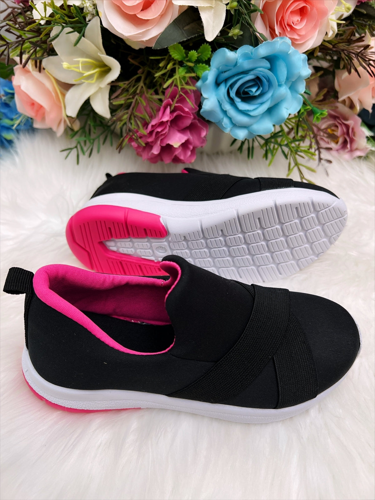 Tênis Infantil Preto e Pink C/ Tiras de Elástico Meninas