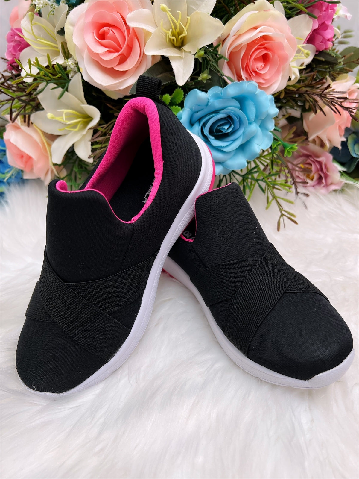 Tênis Infantil Preto e Pink C/ Tiras de Elástico Meninas