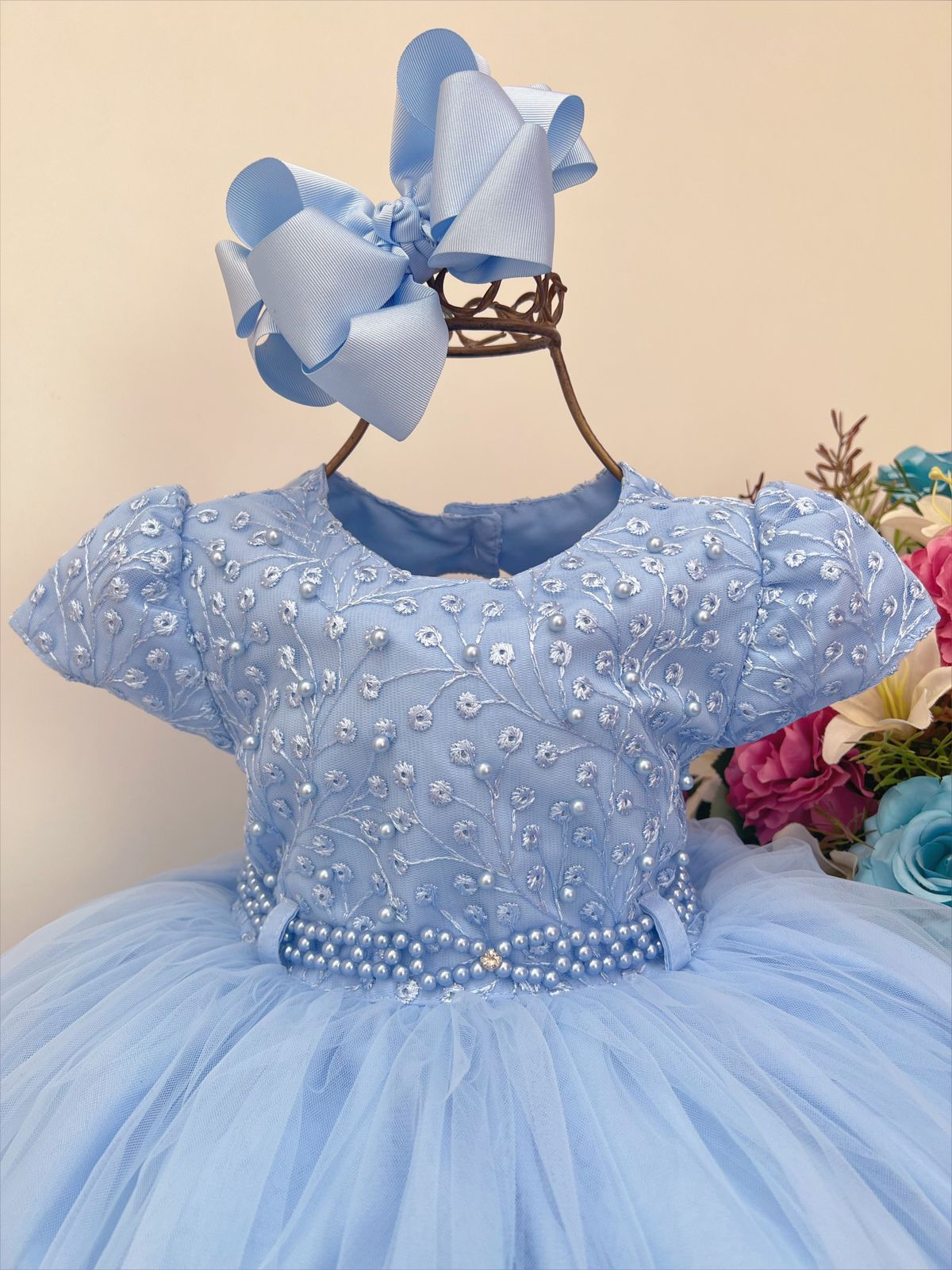 Vestido Infantil Azul C/ Renda Cinto Pérolas Strass Princesa