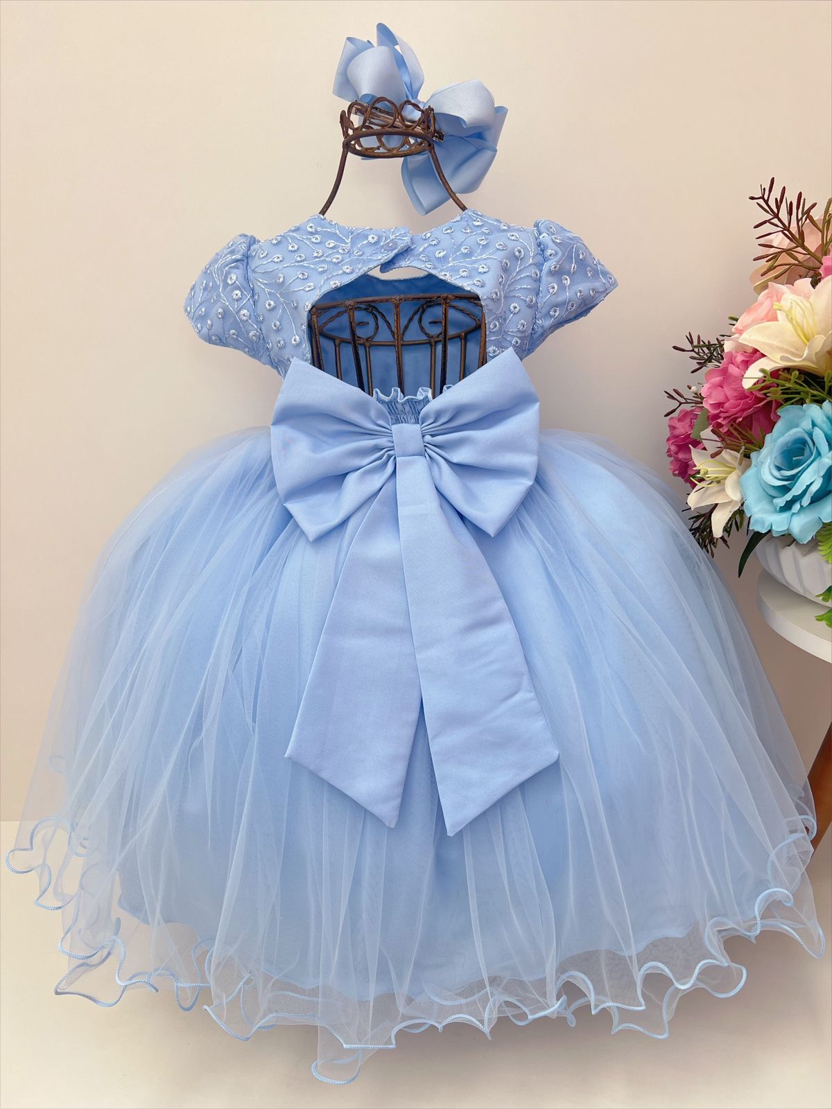 Vestido Infantil Azul C/ Renda Cinto Pérolas Strass Princesa