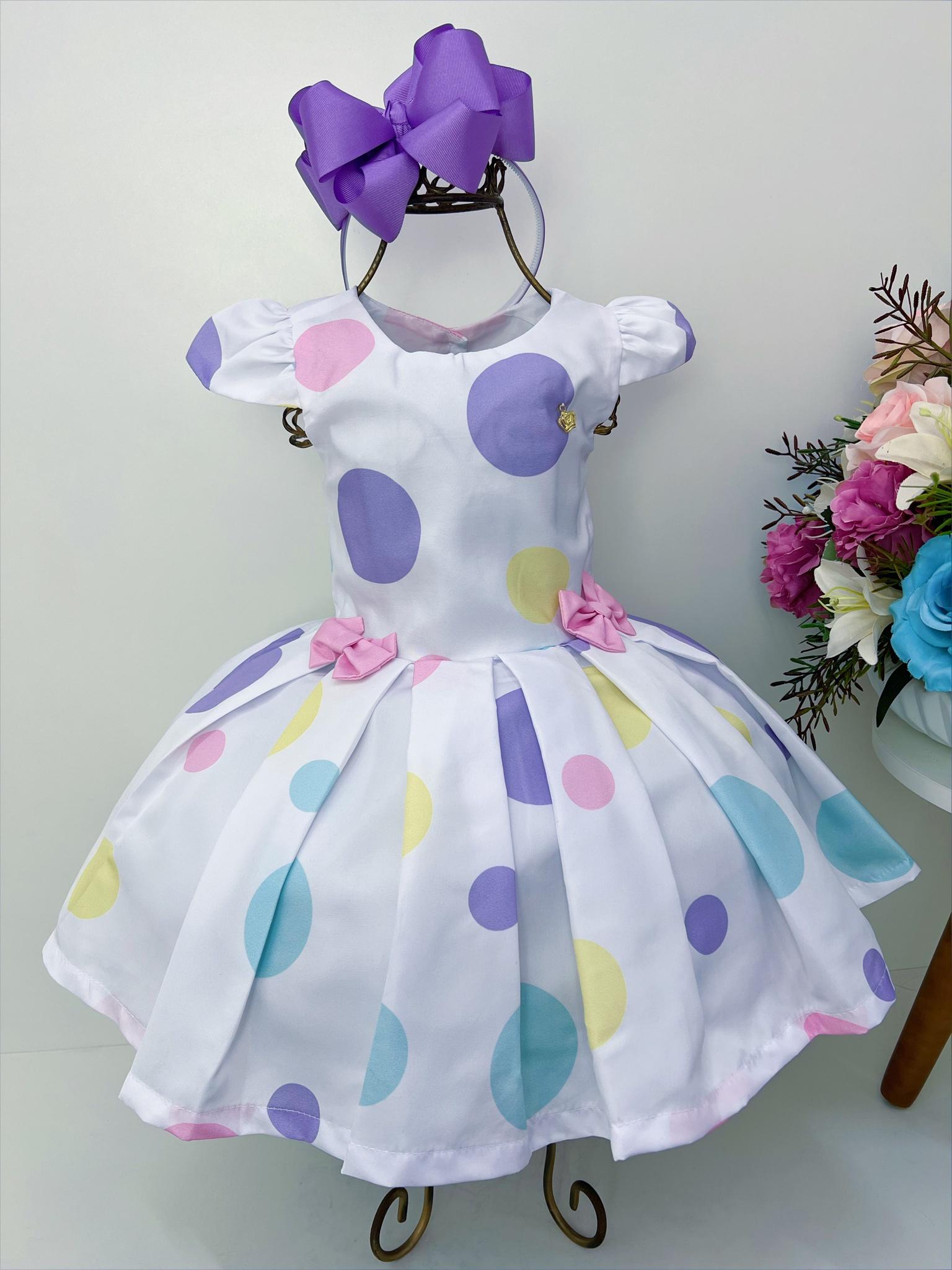 Vestido Infantil Branco Bolinhas Coloridas C/ Lacinhos Luxo