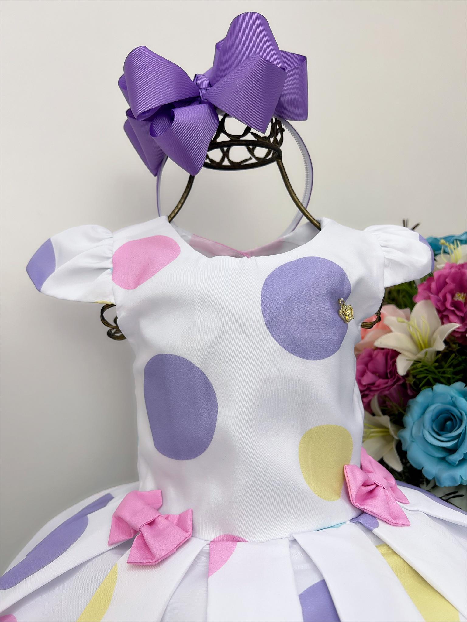 Vestido Infantil Branco Bolinhas Coloridas C/ Lacinhos Luxo