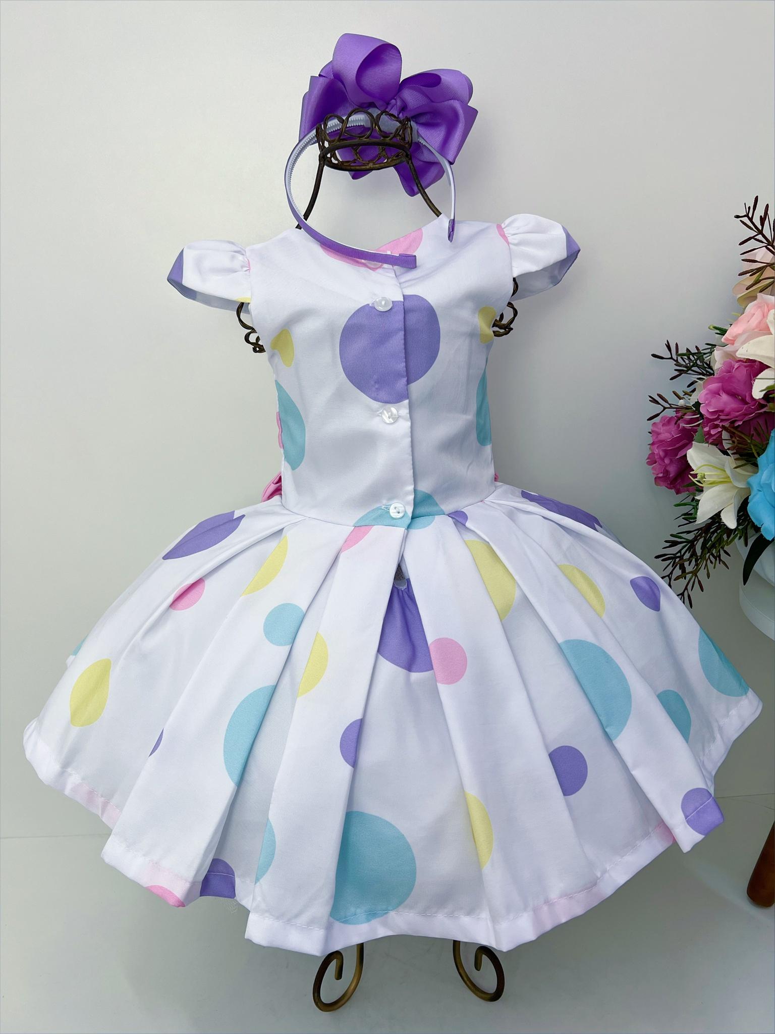 Vestido Infantil Branco Bolinhas Coloridas C/ Lacinhos Luxo