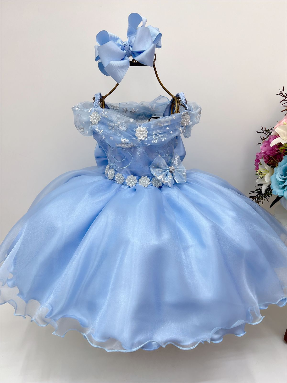 Vestido Infantil Frozen com Capa e Laço Luxo Festa Princesas