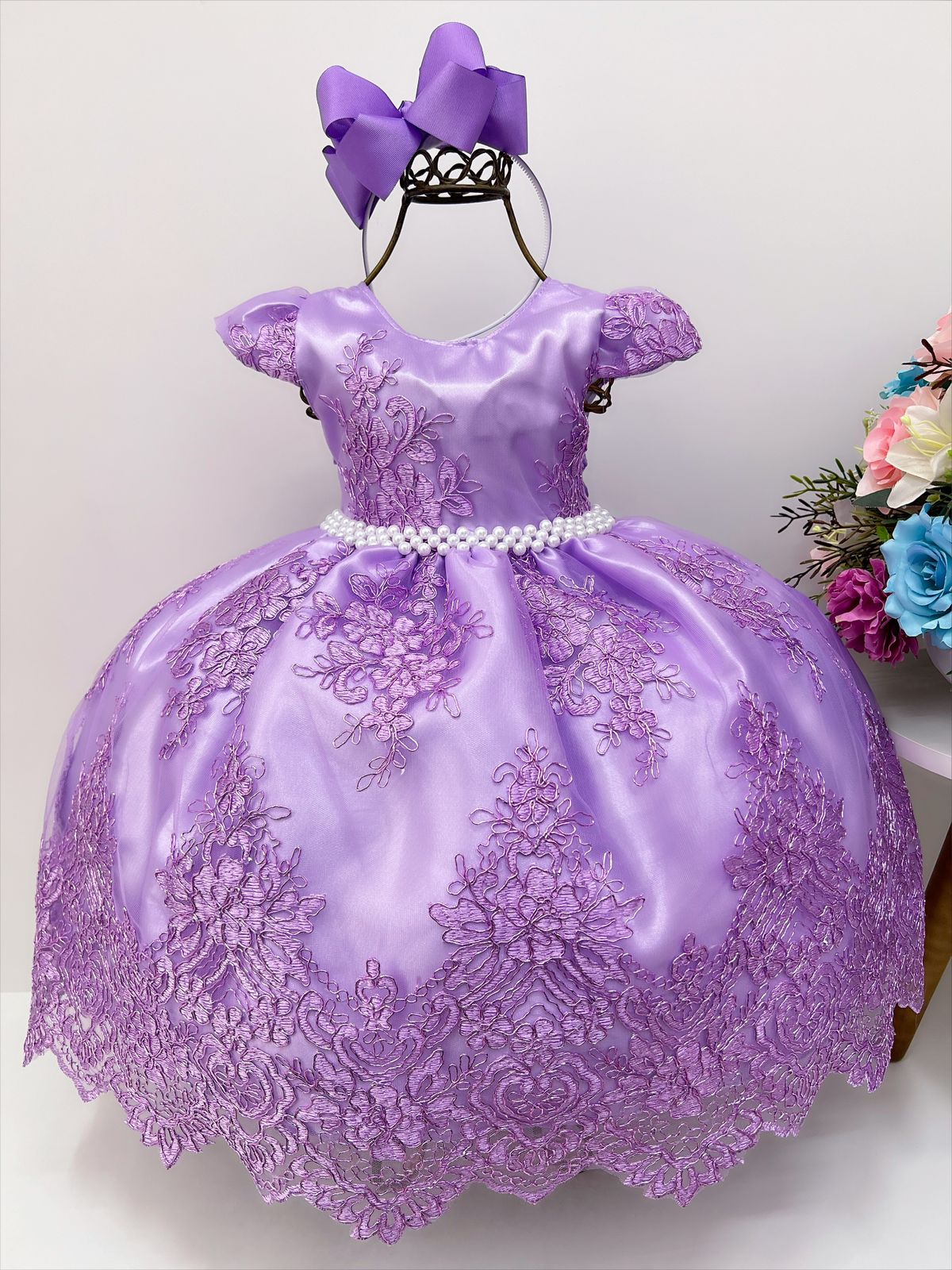 Vestido Infantil Lilás Com Renda Realeza Cinto de Pérolas