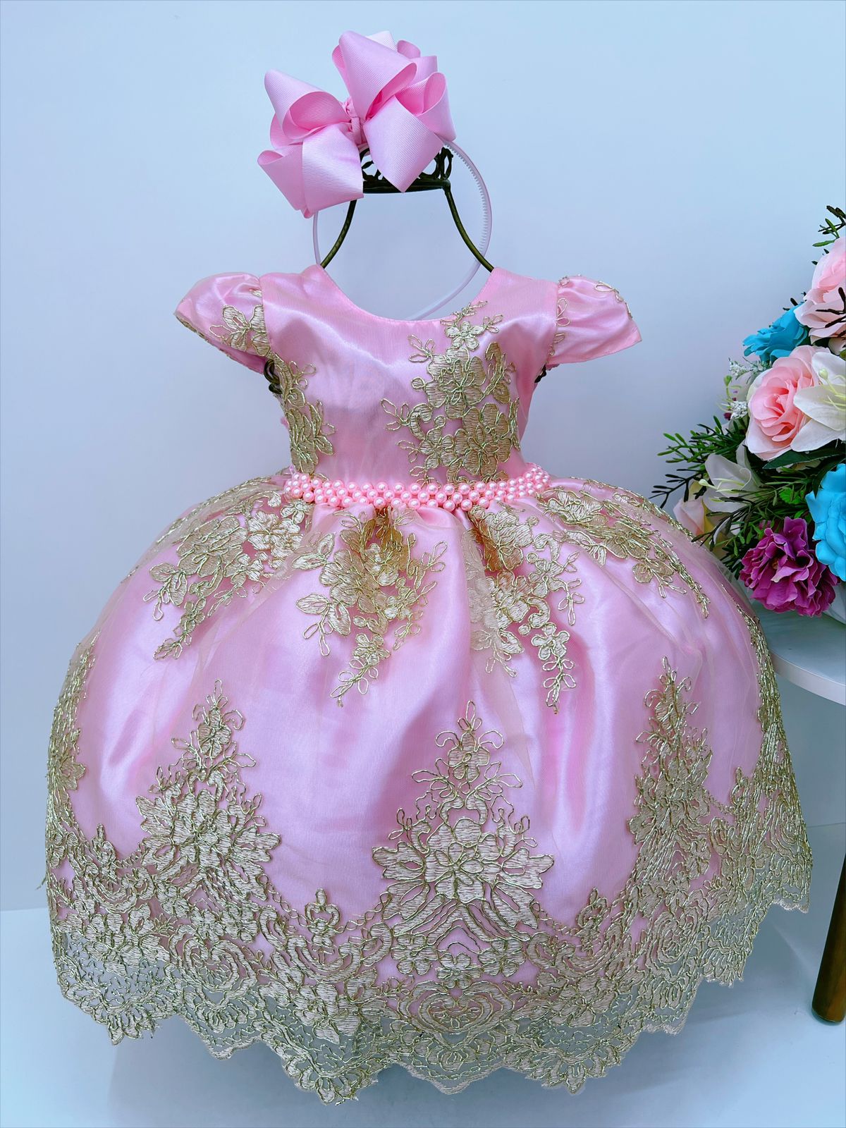 Vestido Infantil Rosa Renda Realeza Dourada C/ Cinto Pérolas