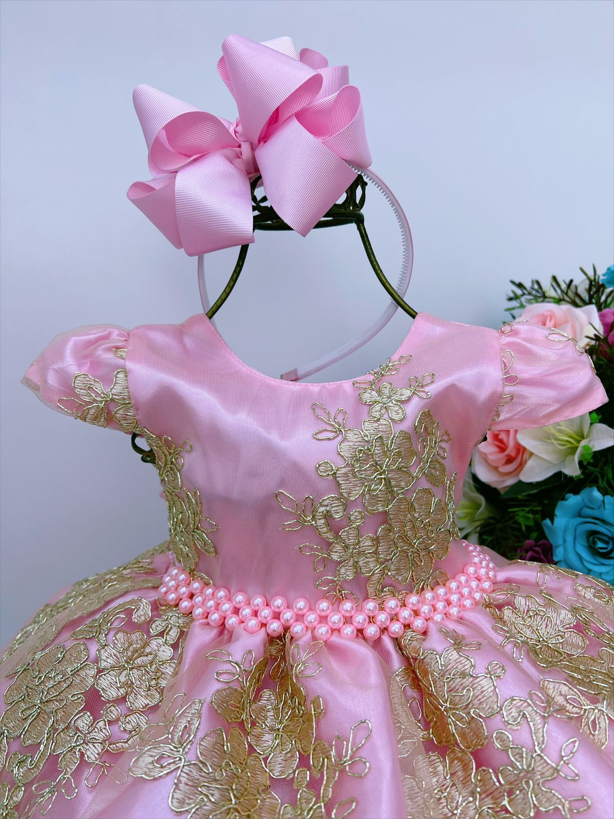 Vestido Infantil Rosa Renda Realeza Dourada C/ Cinto Pérolas