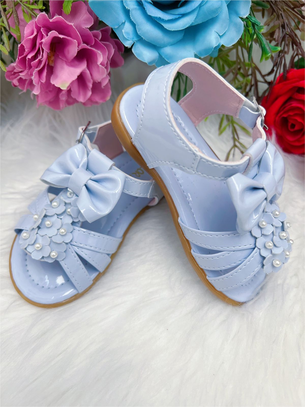 Sandália Azul Bebê Aplique de Flor Pérolas Lacinho Luxo