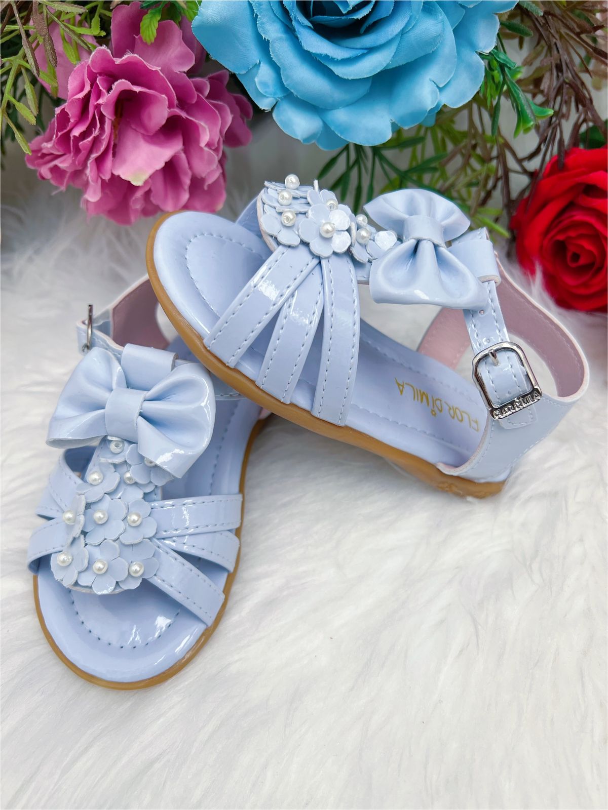 Sandália Azul Bebê Aplique de Flor Pérolas Lacinho Luxo