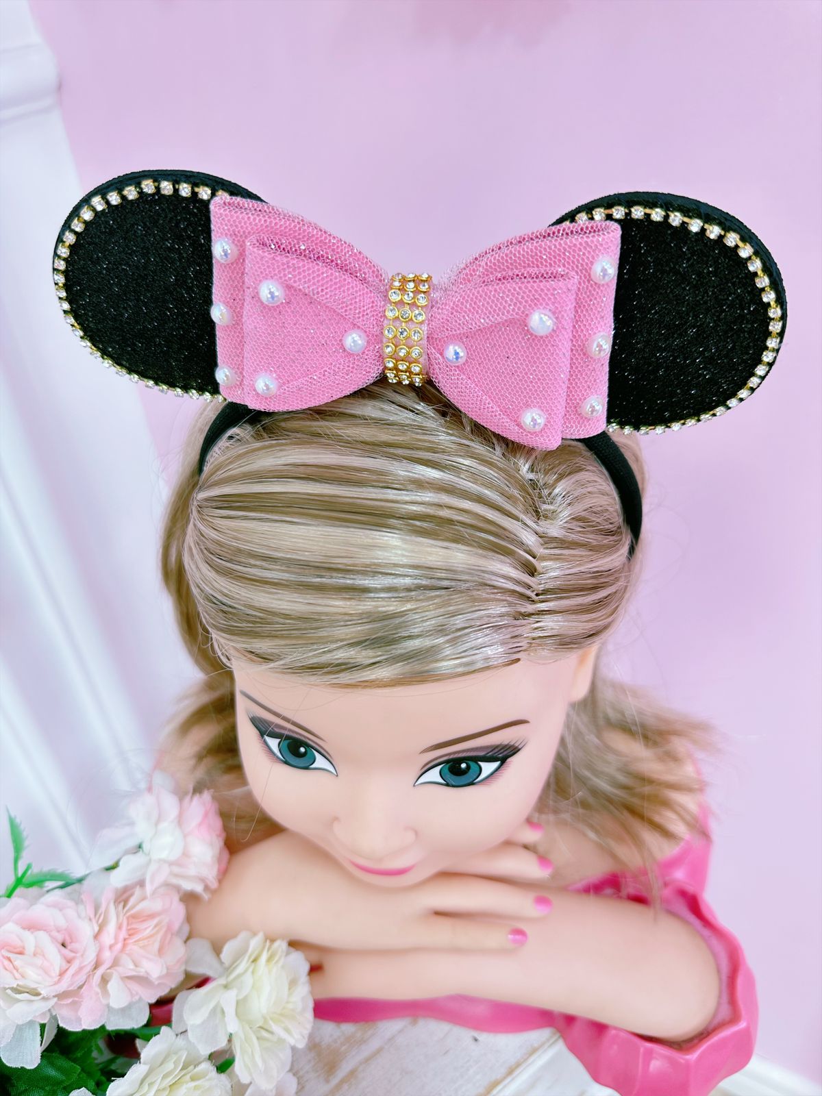 Tiara Infantil Minnie Rosa Chiclete Preta Pérolas Strass Tule