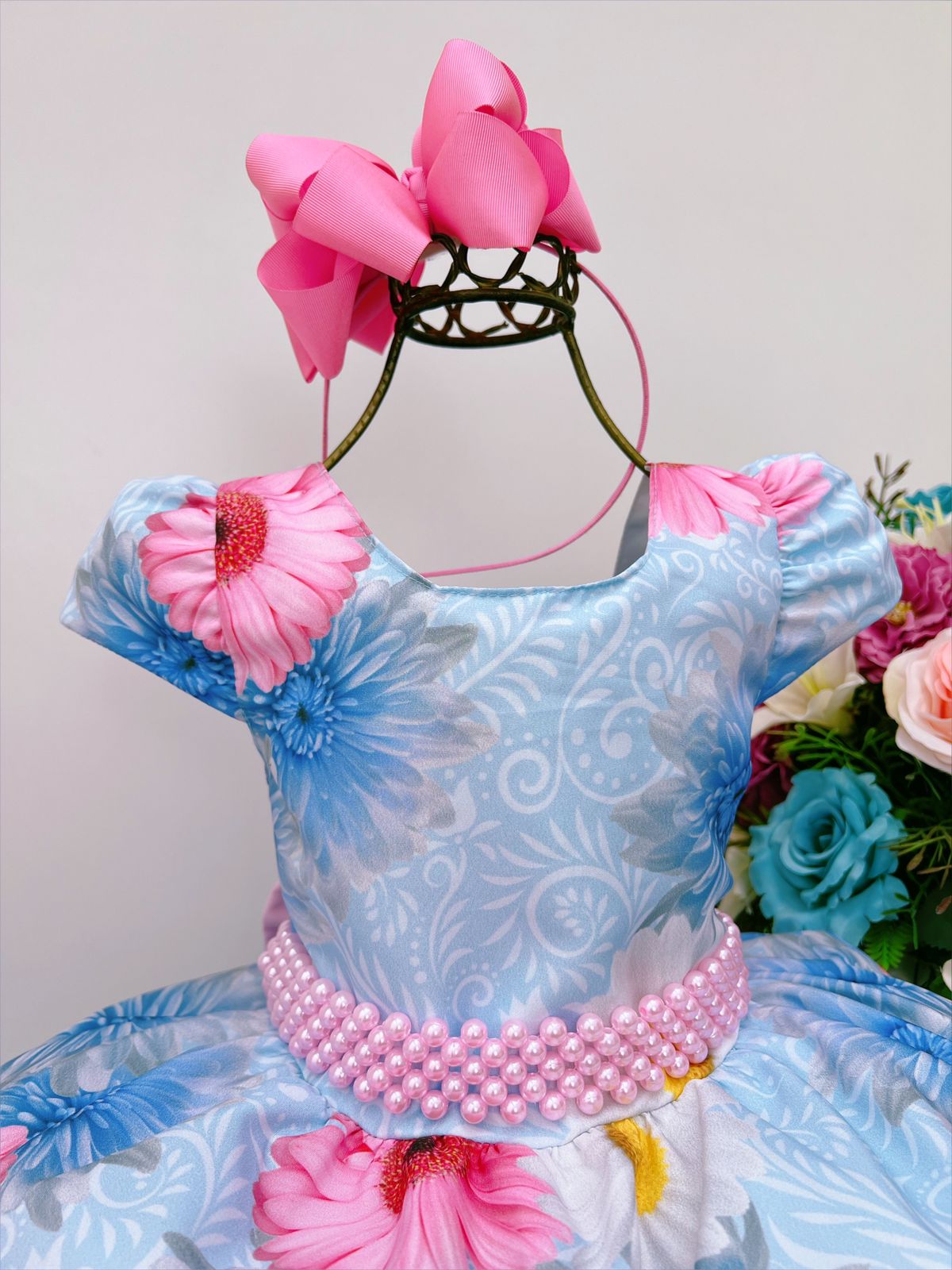 Vestido Infantil Azul Florido Com Cinto de Pérolas