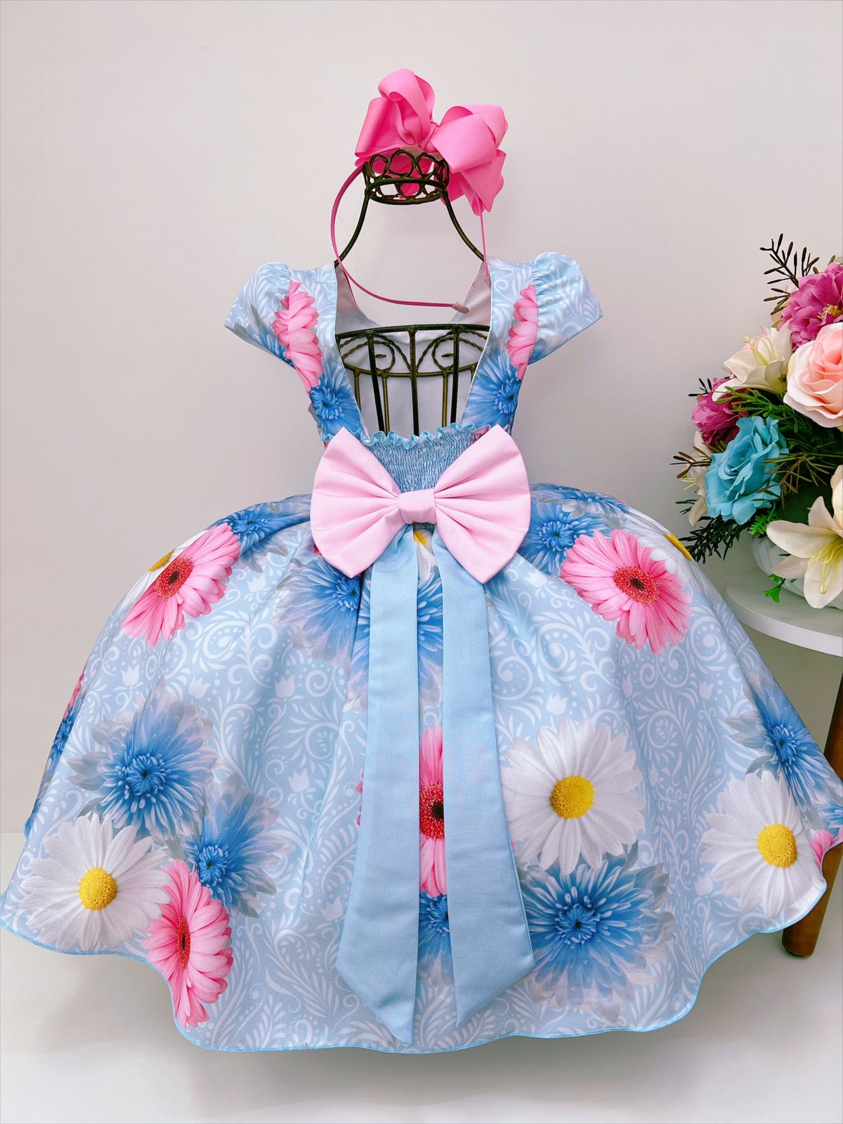 Vestido Infantil Azul Florido Com Cinto de Pérolas