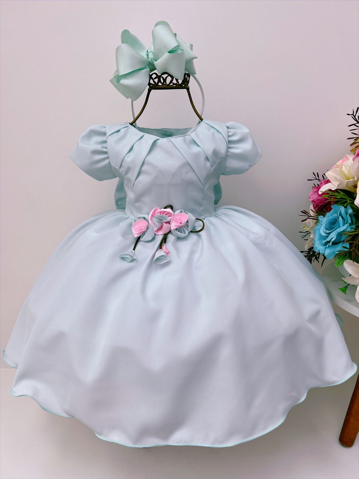 Vestido Infantil Verde com Broche de Flores Luxo