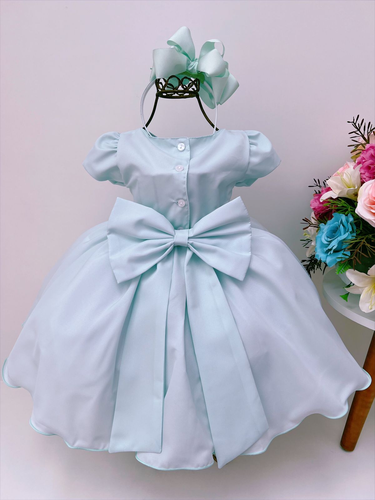 Vestido Infantil Verde com Broche de Flores Luxo