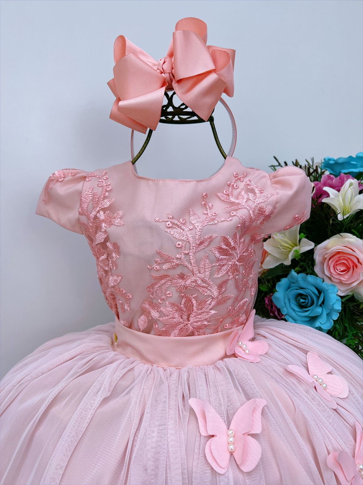 Vestido Infantil Rosé Renda Aplique Borboletas
