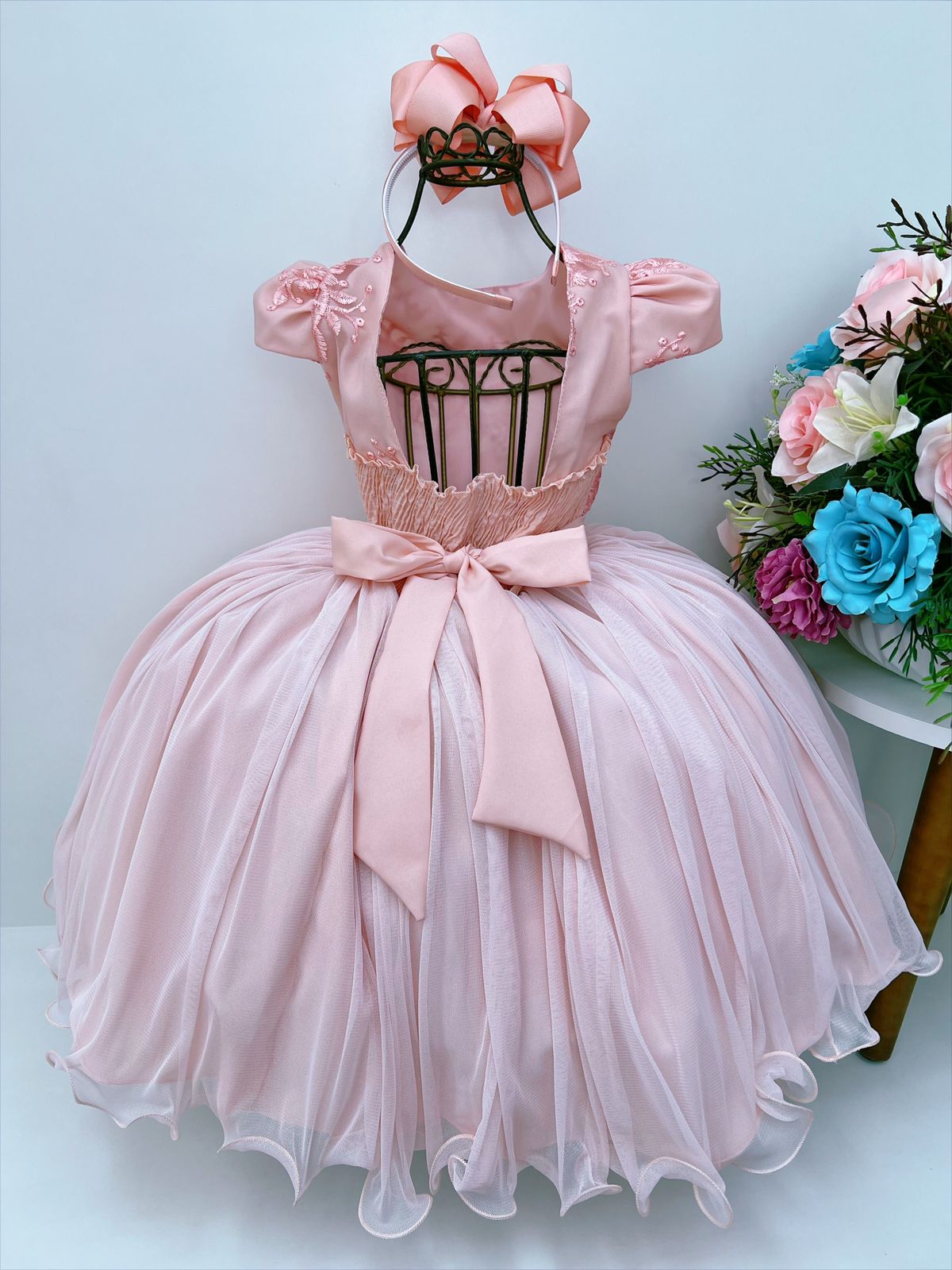 Vestido Infantil Rosé Renda Aplique Borboletas