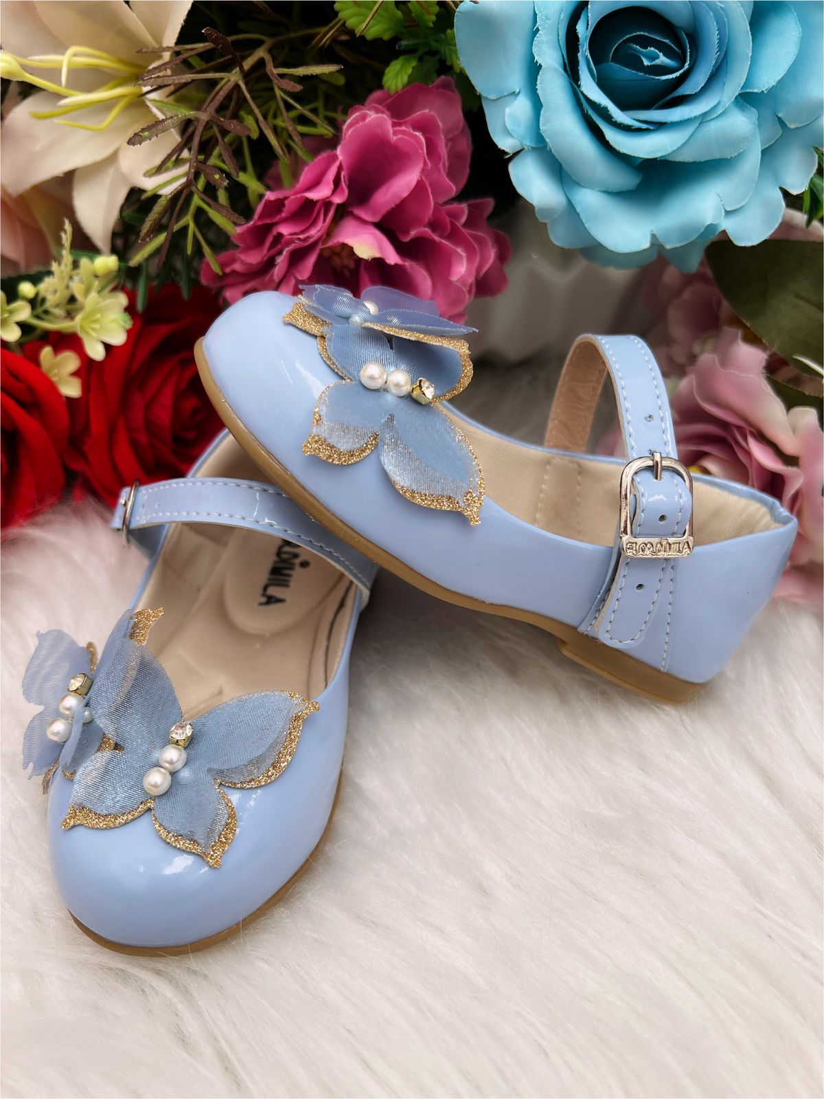 Sapatinho Azul Bebê Verniz C/ Aplique Borboleta Luxo Glitter