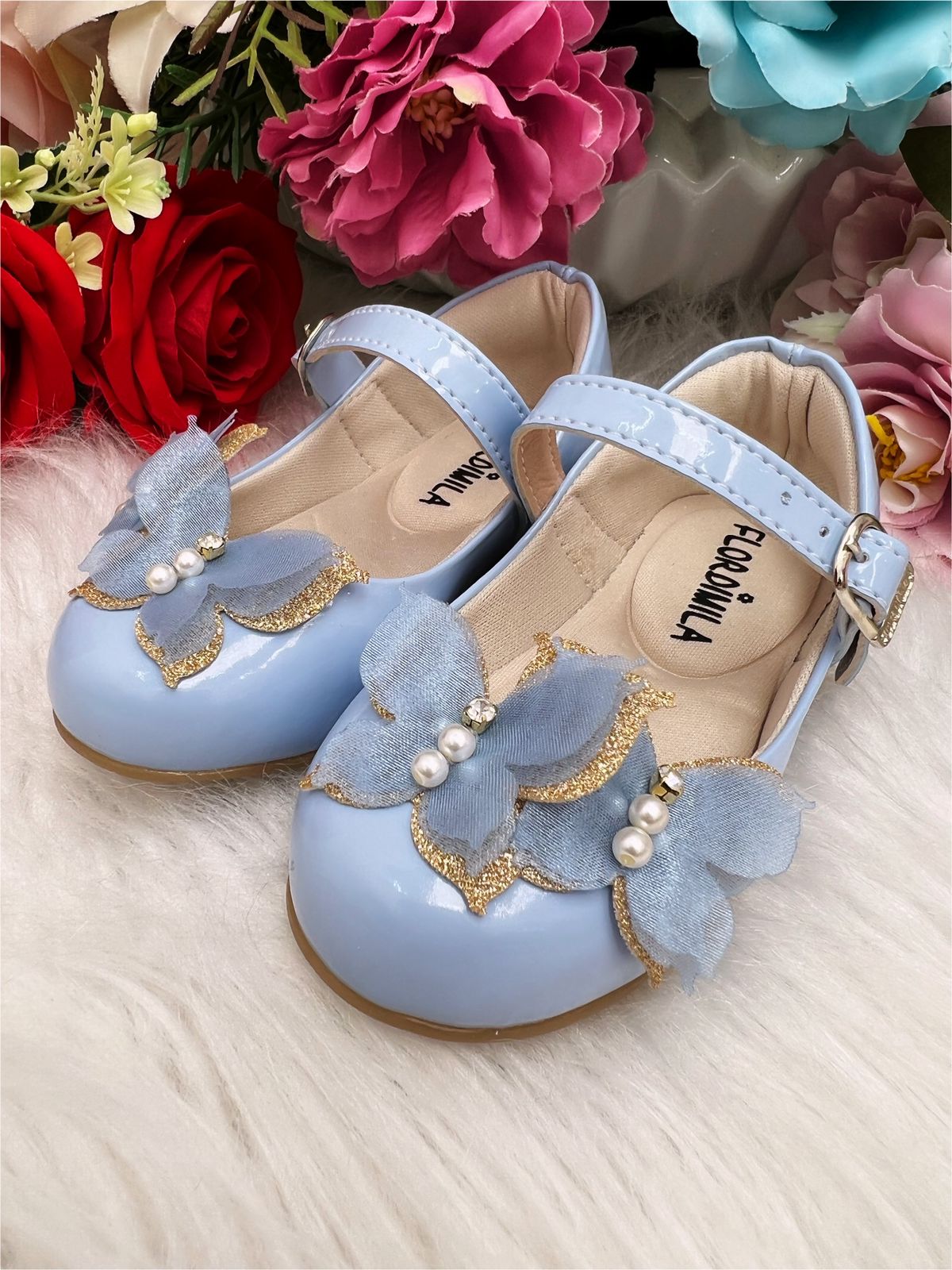 Sapatinho Azul Bebê Verniz C/ Aplique Borboleta Luxo Glitter
