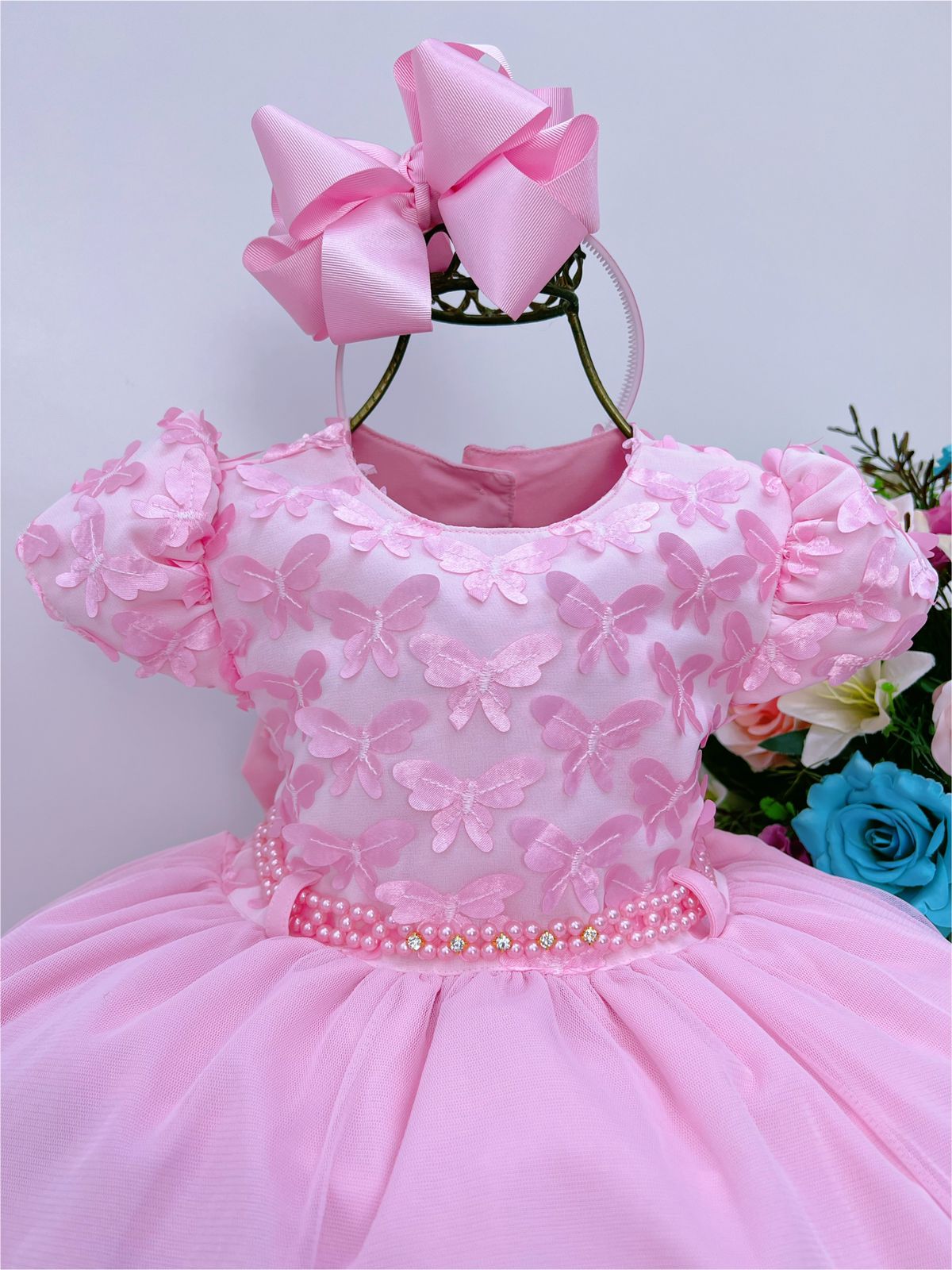 Vestido Infantil Rosa Aplique de Borboletas Cinto de Pérolas