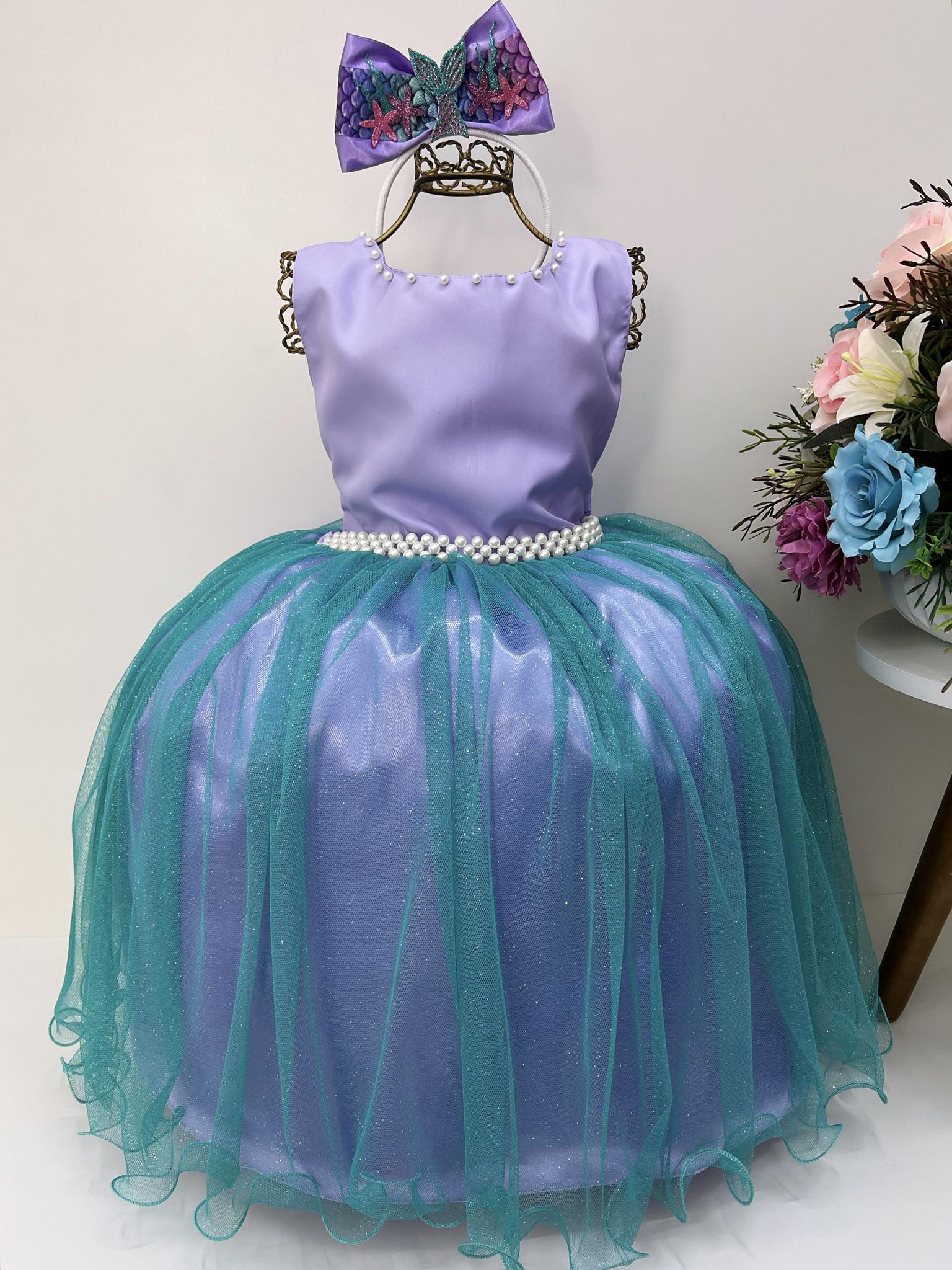 Vestido Infantil Princesa Ariel Lilás e Tule Verde C/ Pérola