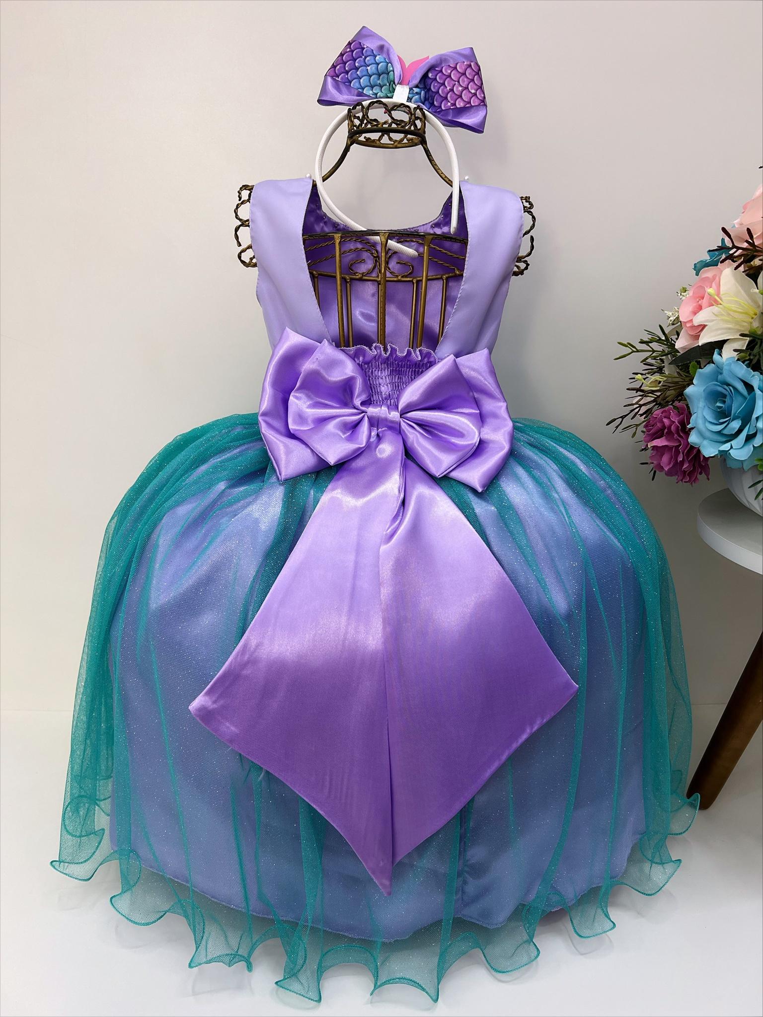 Vestido Infantil Princesa Ariel Lilás e Tule Verde C/ Pérola