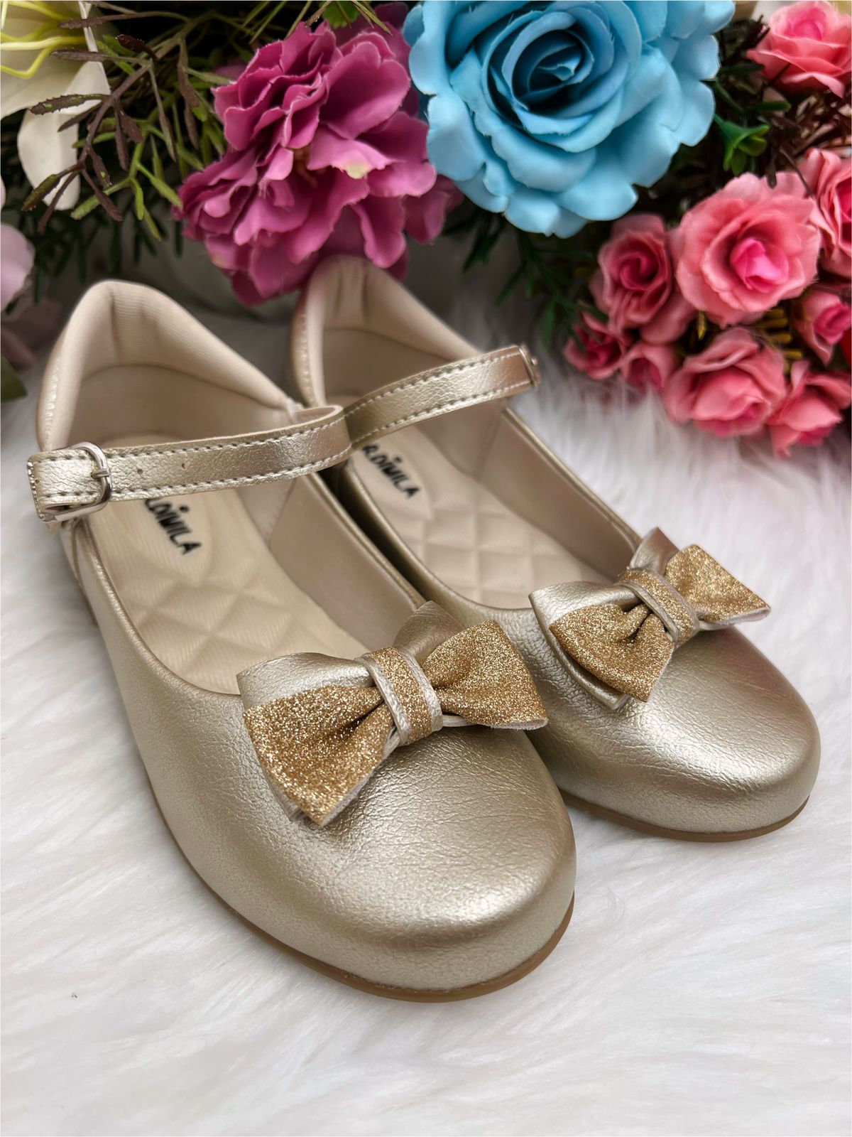 Sapatinho Dourado Fosco Luxo Com Laço Glitter