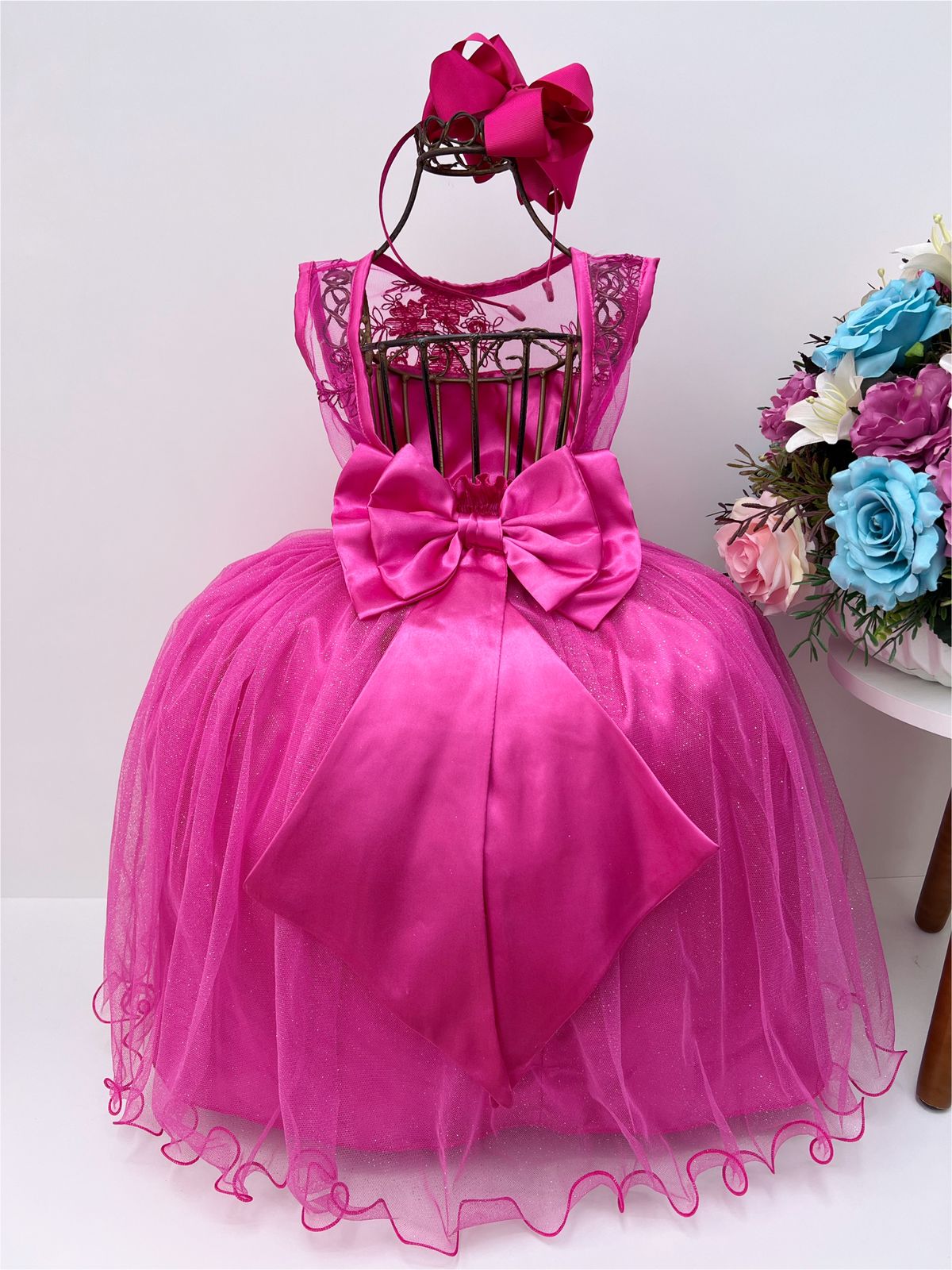 Vestido Infantil Pink Renda Saia Brilho Cinto Strass