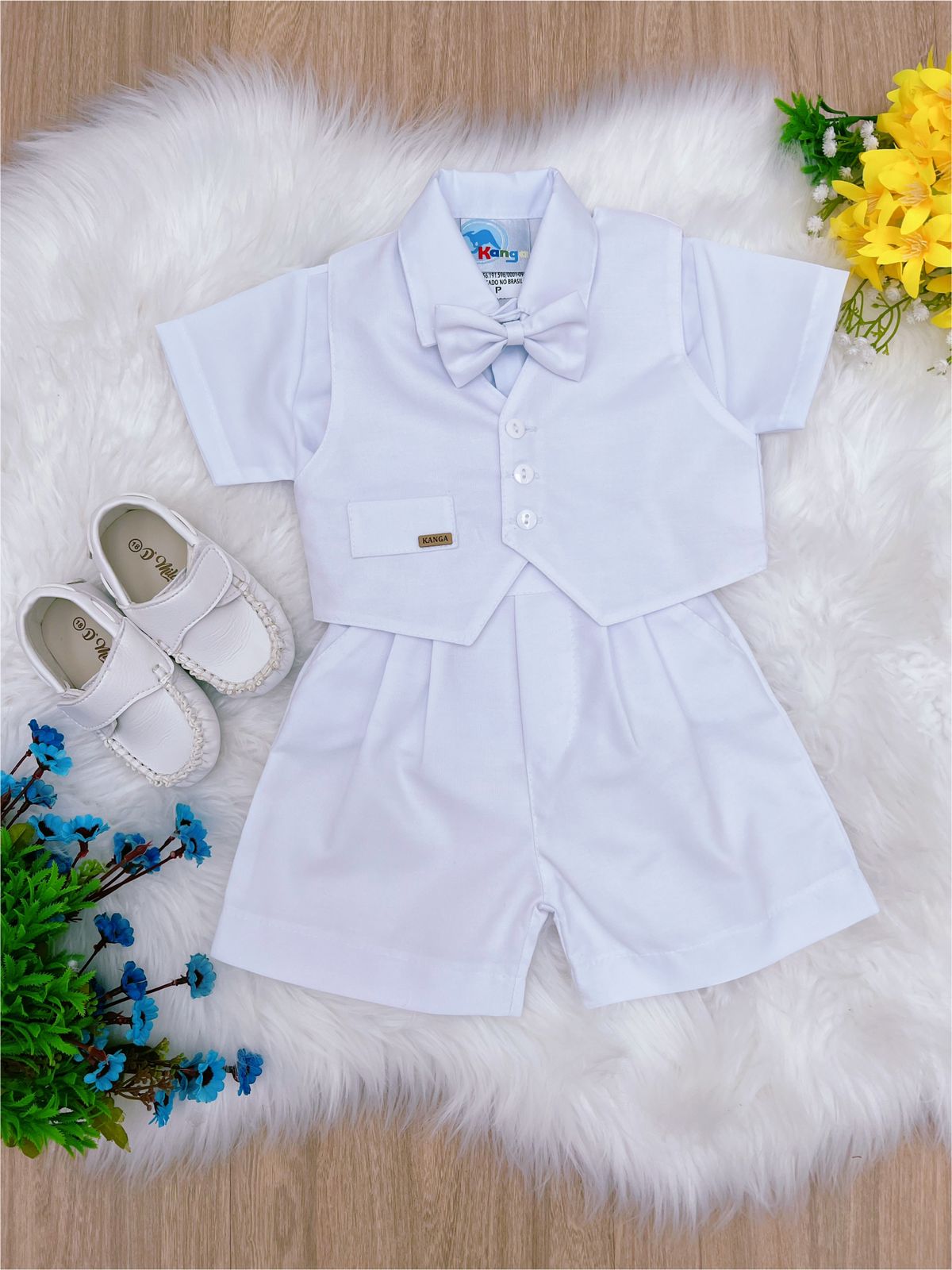 Conjunto Social Short Camisa Colete e Gravata Branco